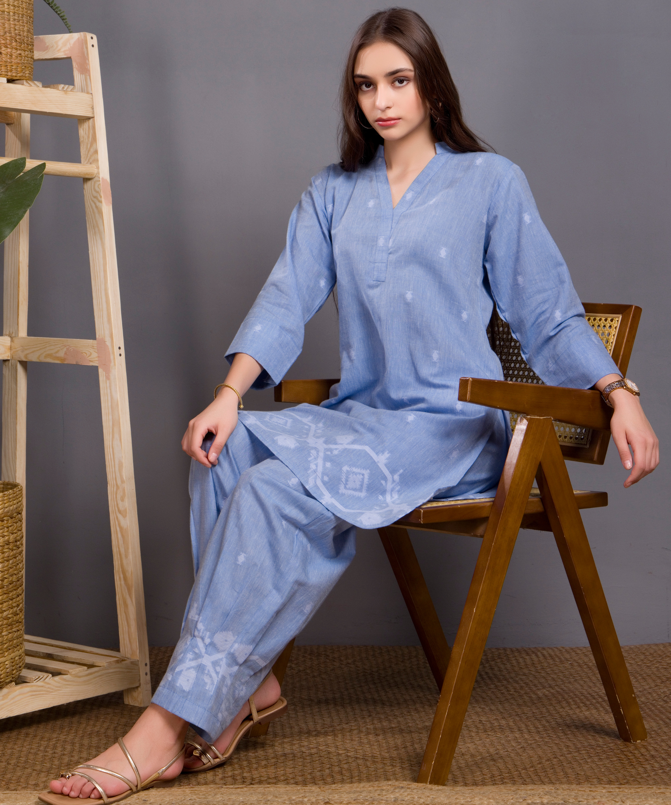 Powder Blue Jamdani Kurta Co-ord Set
