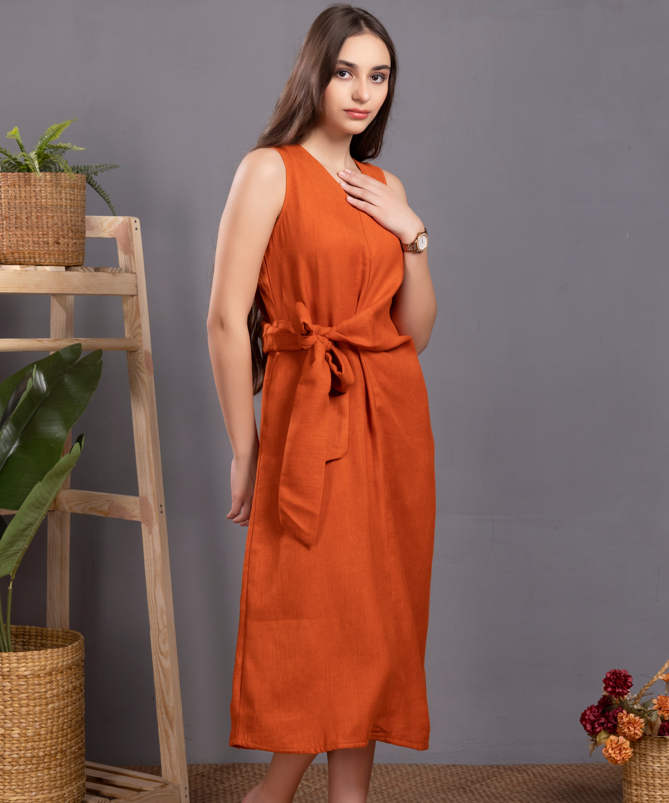 Rust Tie up Bow Dress