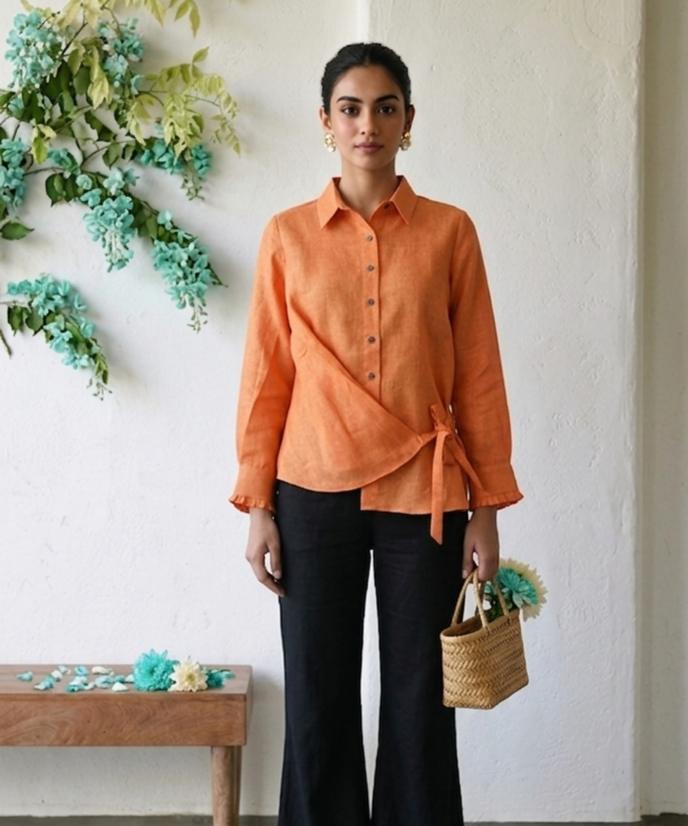 Orange Linen Tie Up Shirt