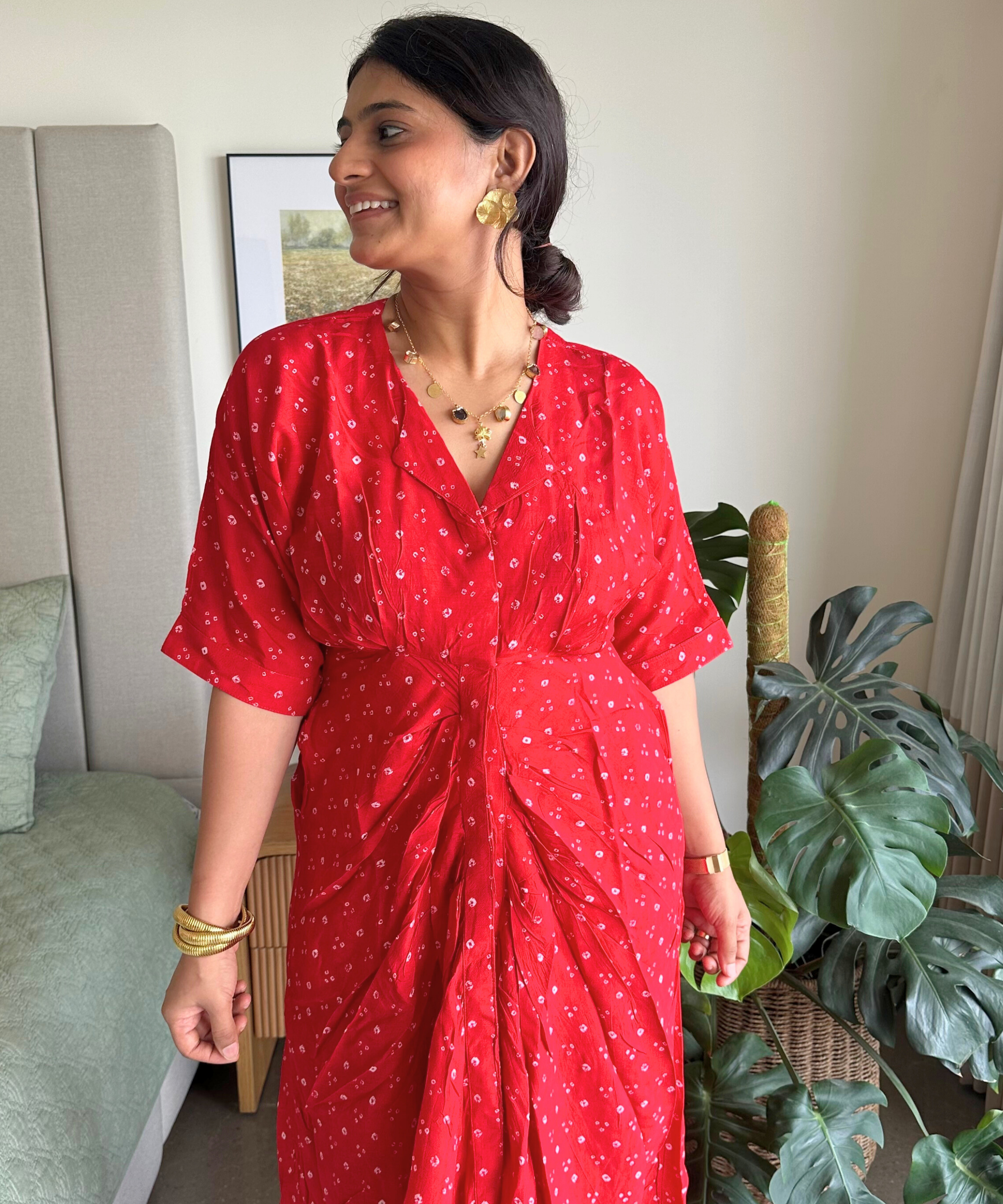 Red Bandhani Drapped Dress