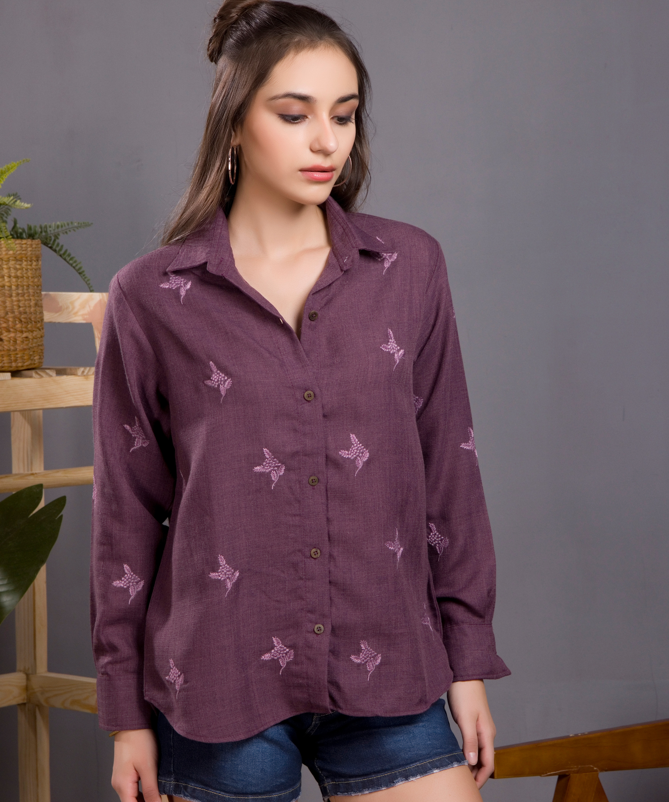 Berry Linen Embroidered Shirt
