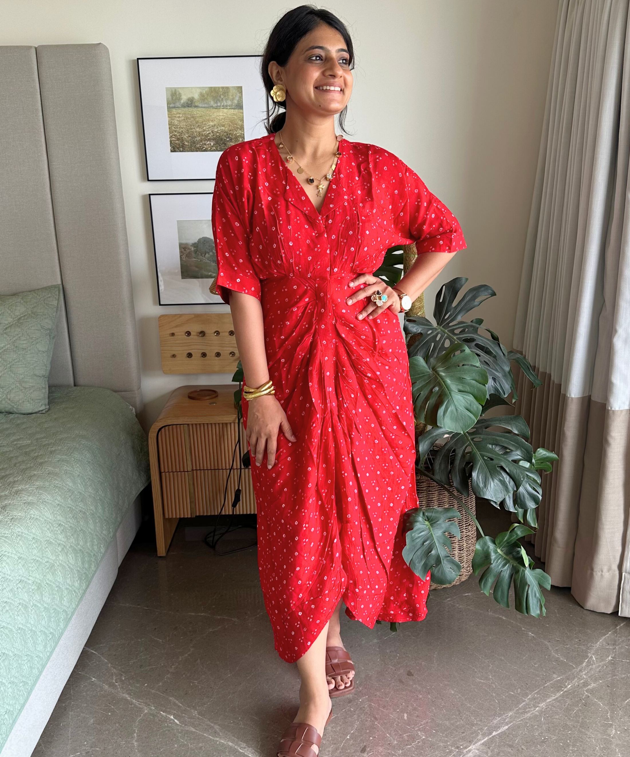 Red Bandhani Drapped Dress