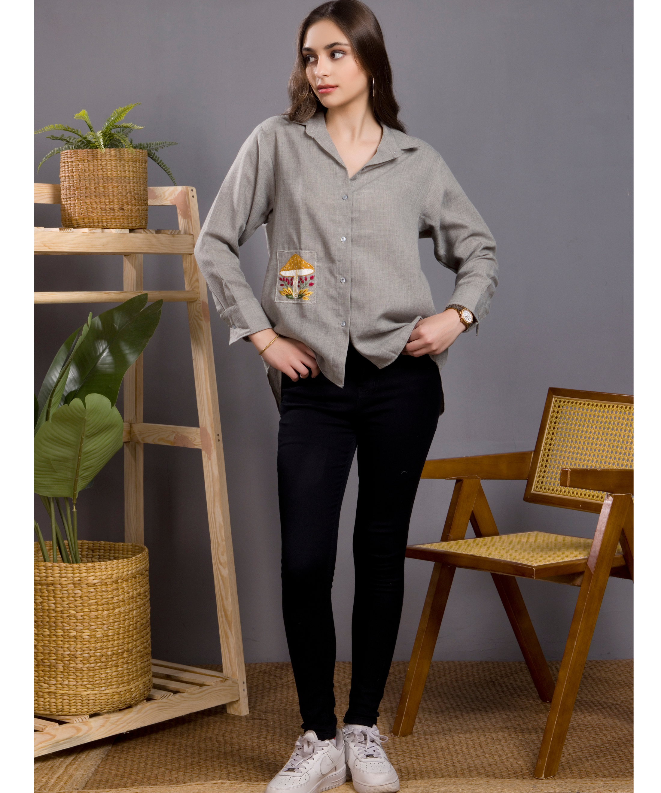 Grey Mushroom Embroidery Shirt