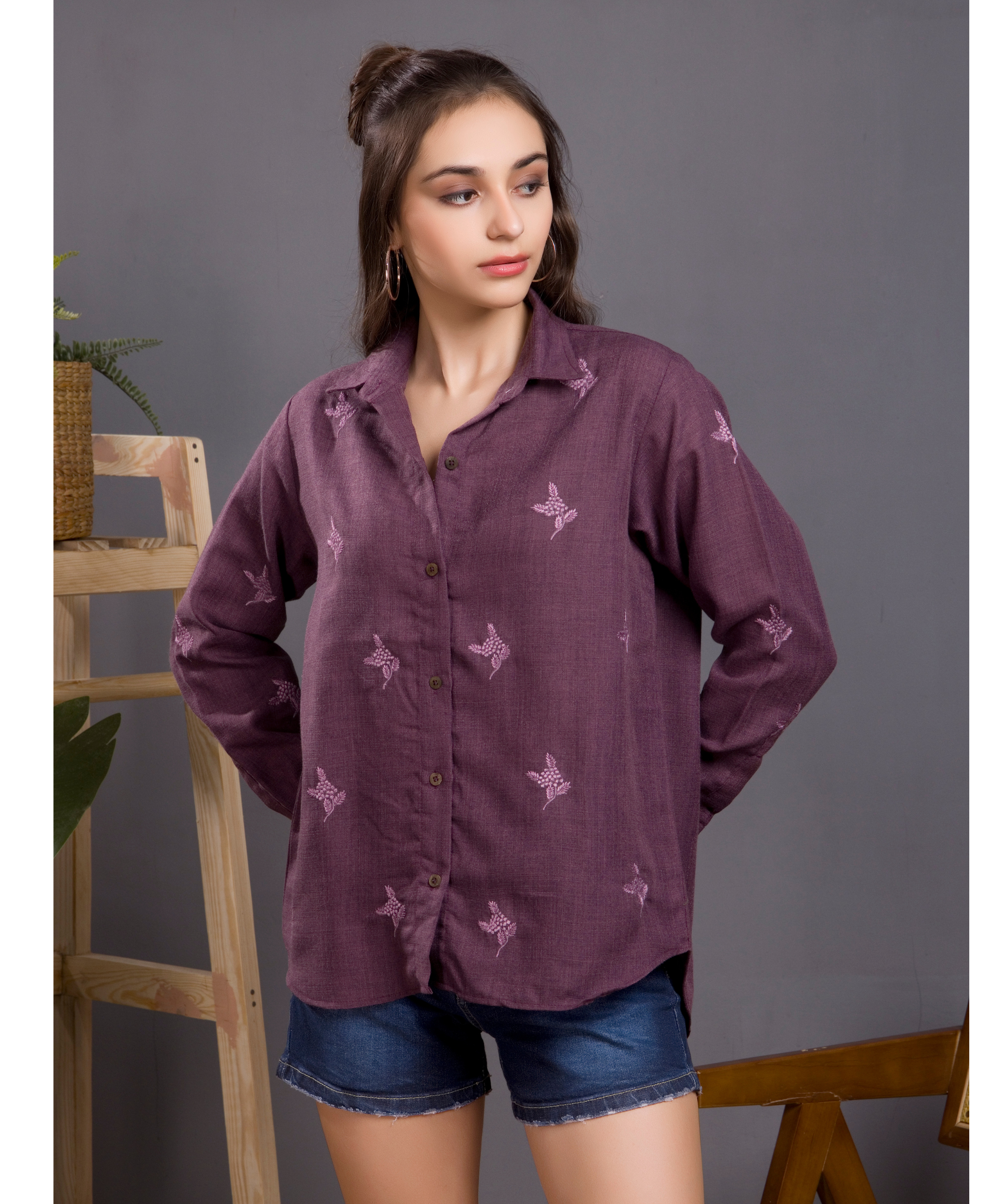 Berry Linen Embroidered Shirt