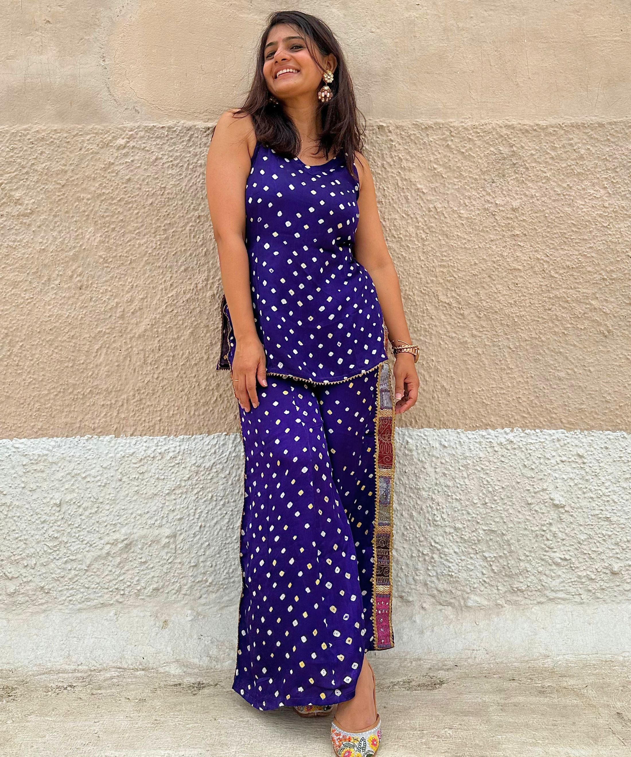 Purple Bandhani Silk Pallazo Set