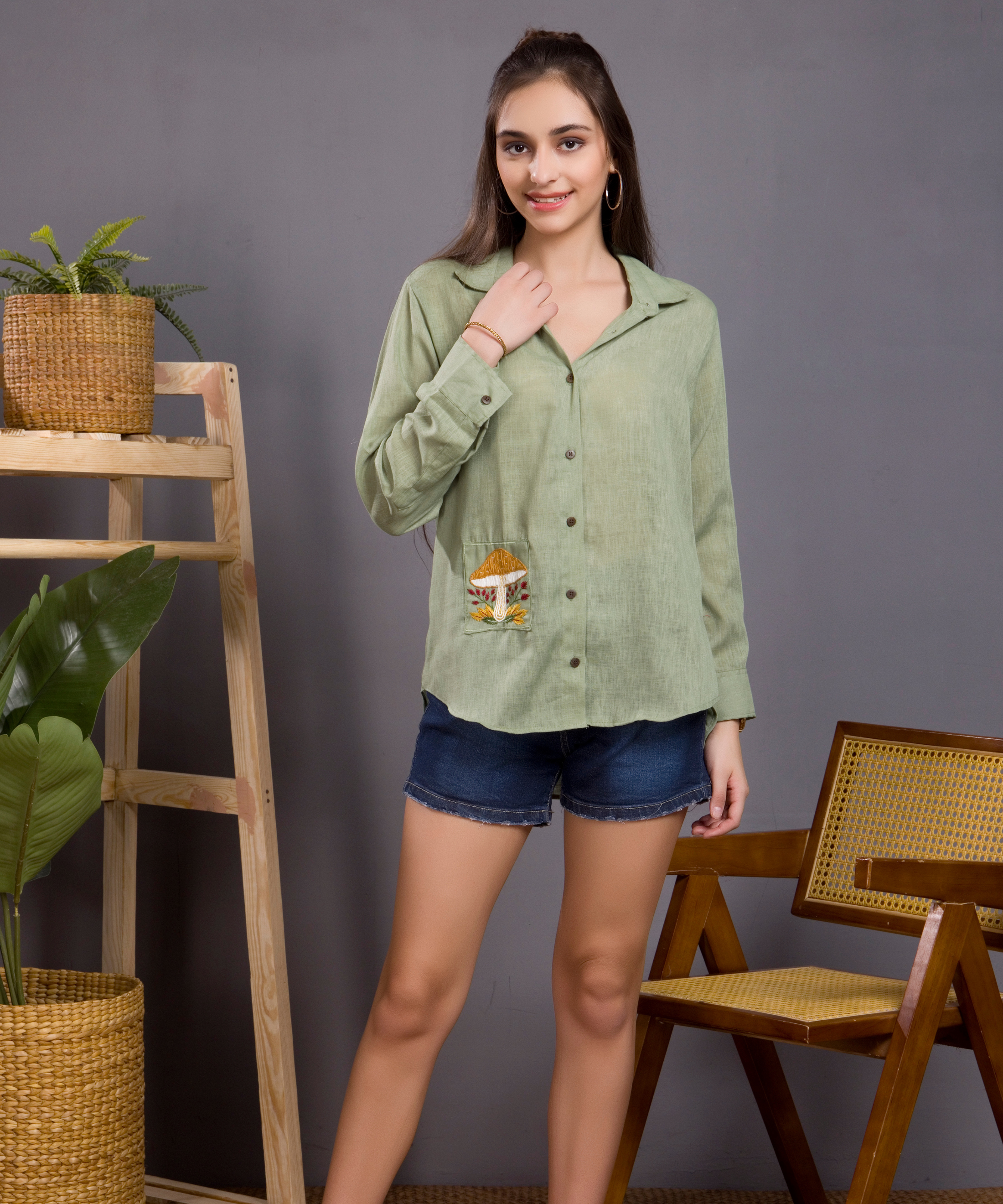 Sage Green Mushroom Linen Shirt