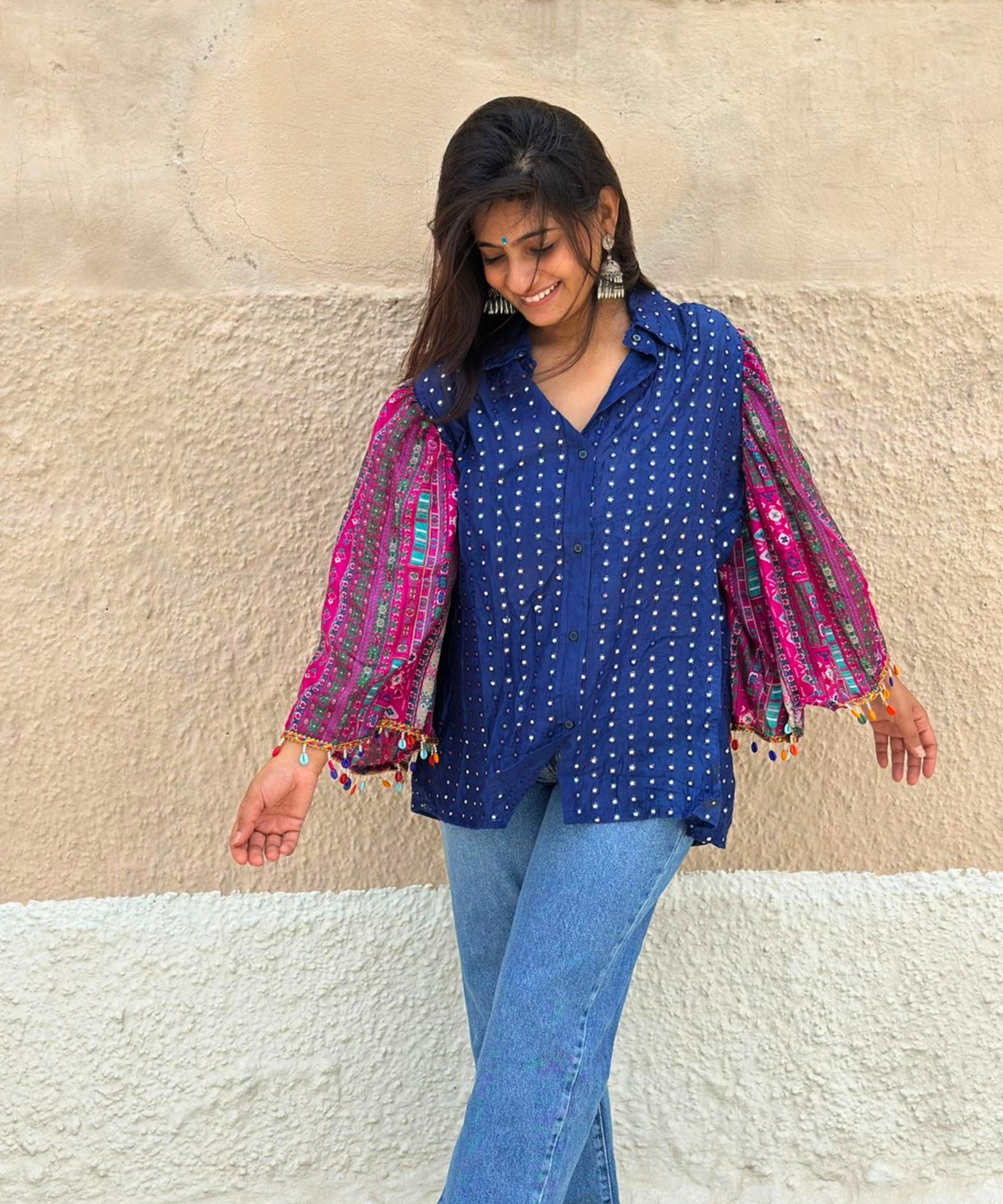 Blue Mirror Work Shirt with Flared Sleeves