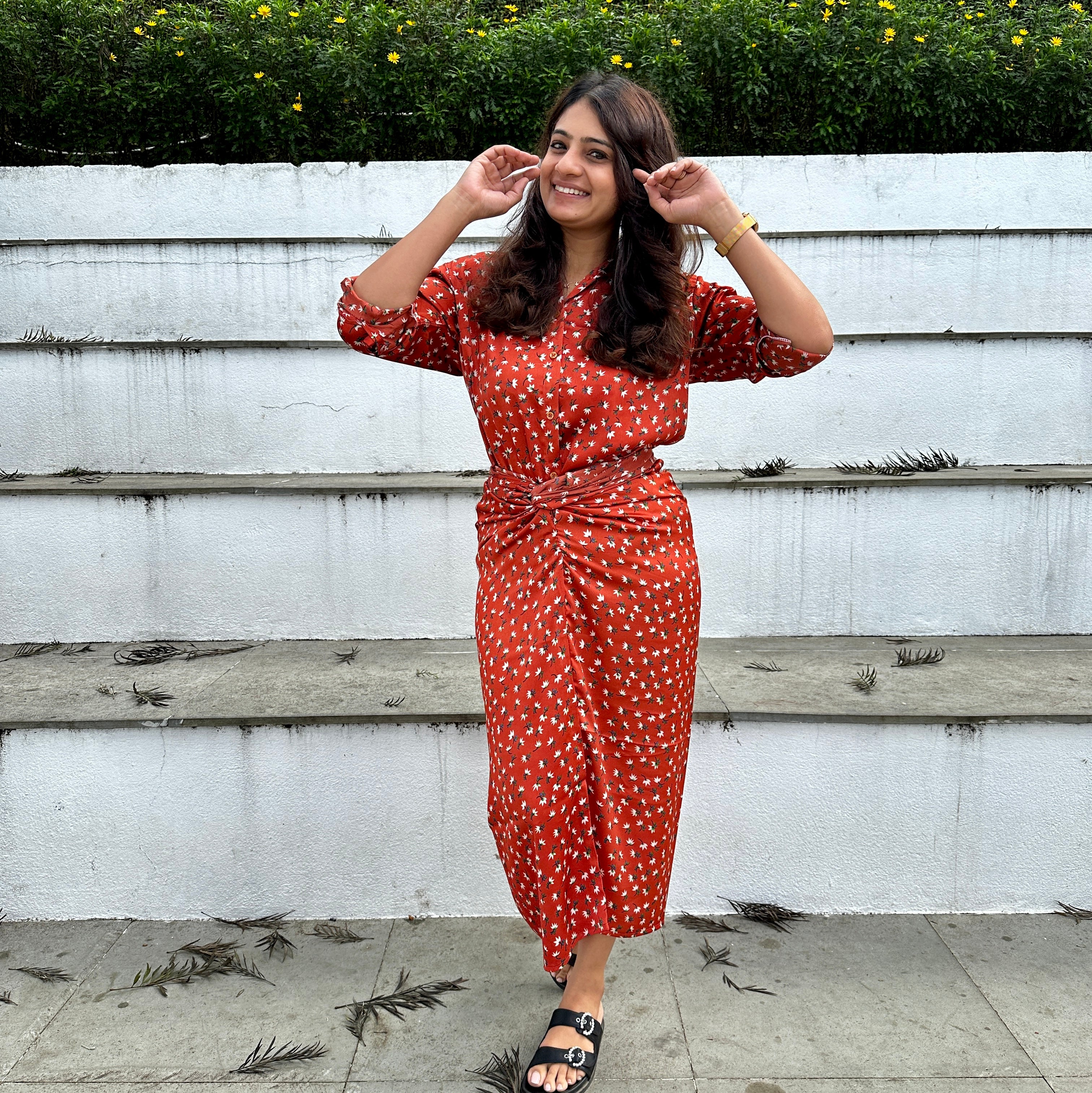 Rust Flora Tie-Up Skirt with Shirt