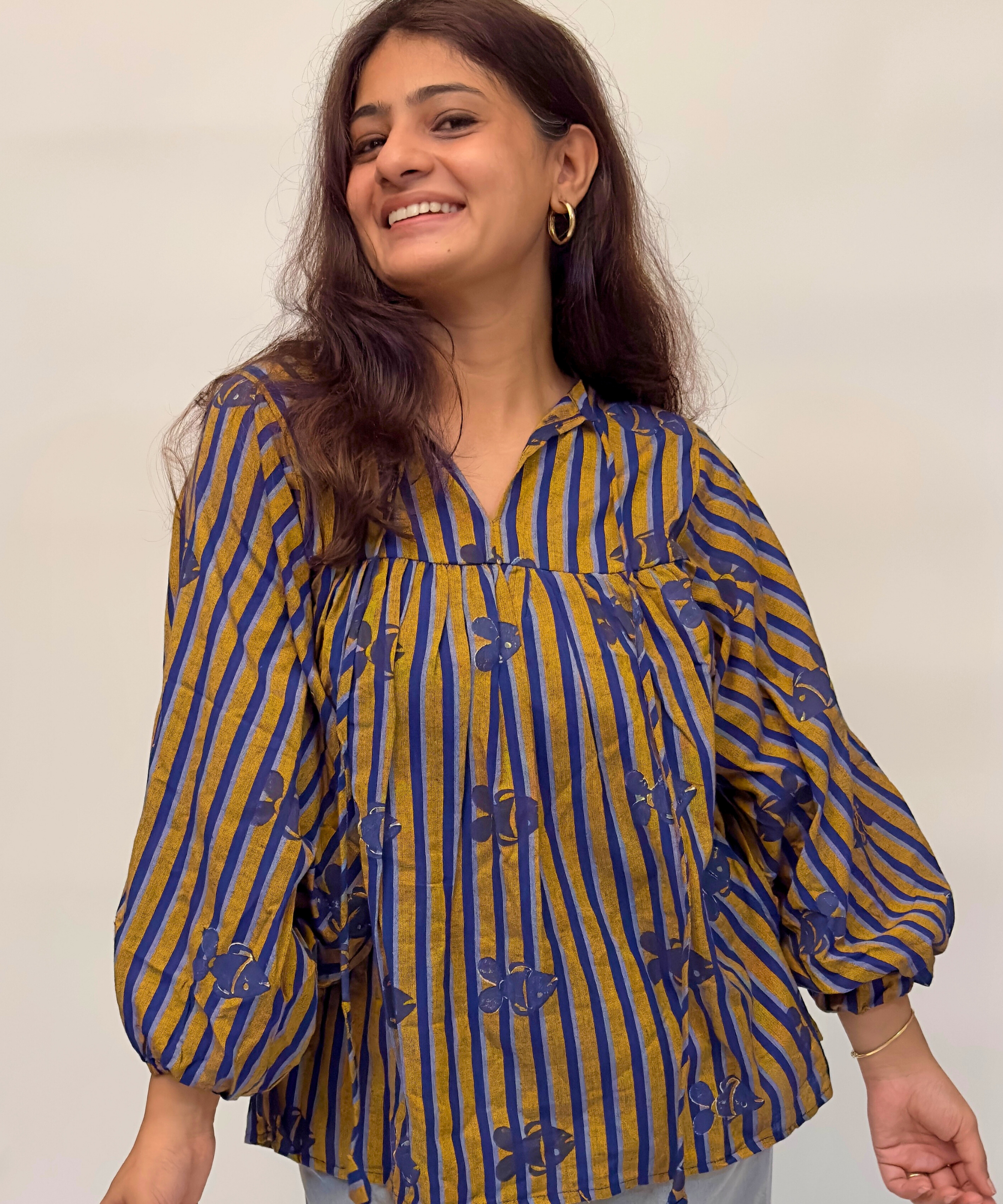 Blue Marina Balloon Sleeve Top