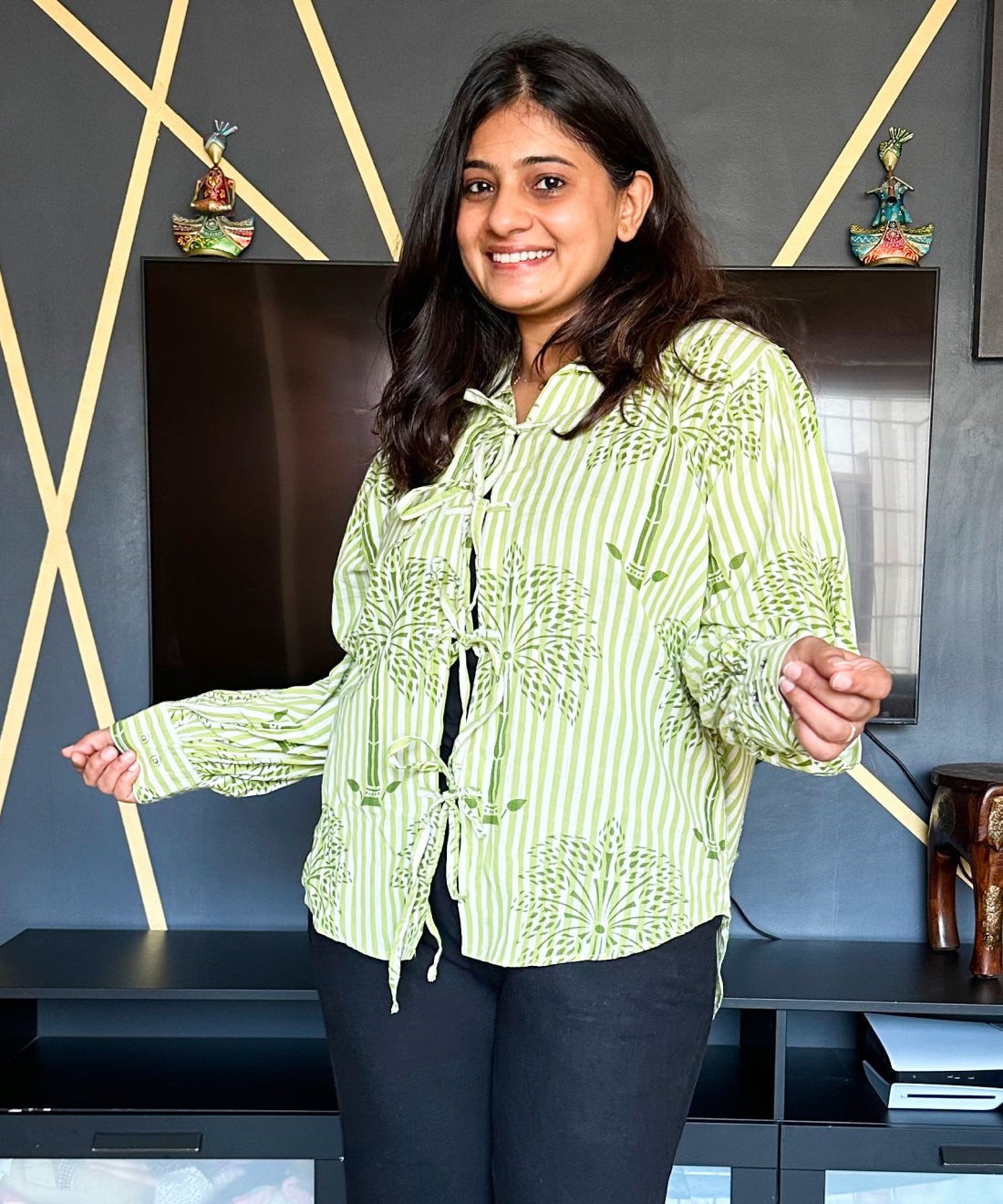 Tie Up Block Printed Palm Tree Shirt