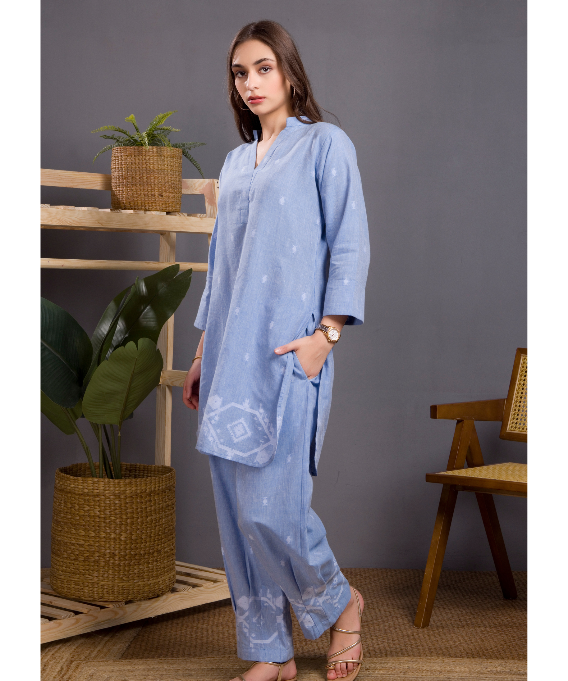 Powder Blue Jamdani Kurta Co-ord Set