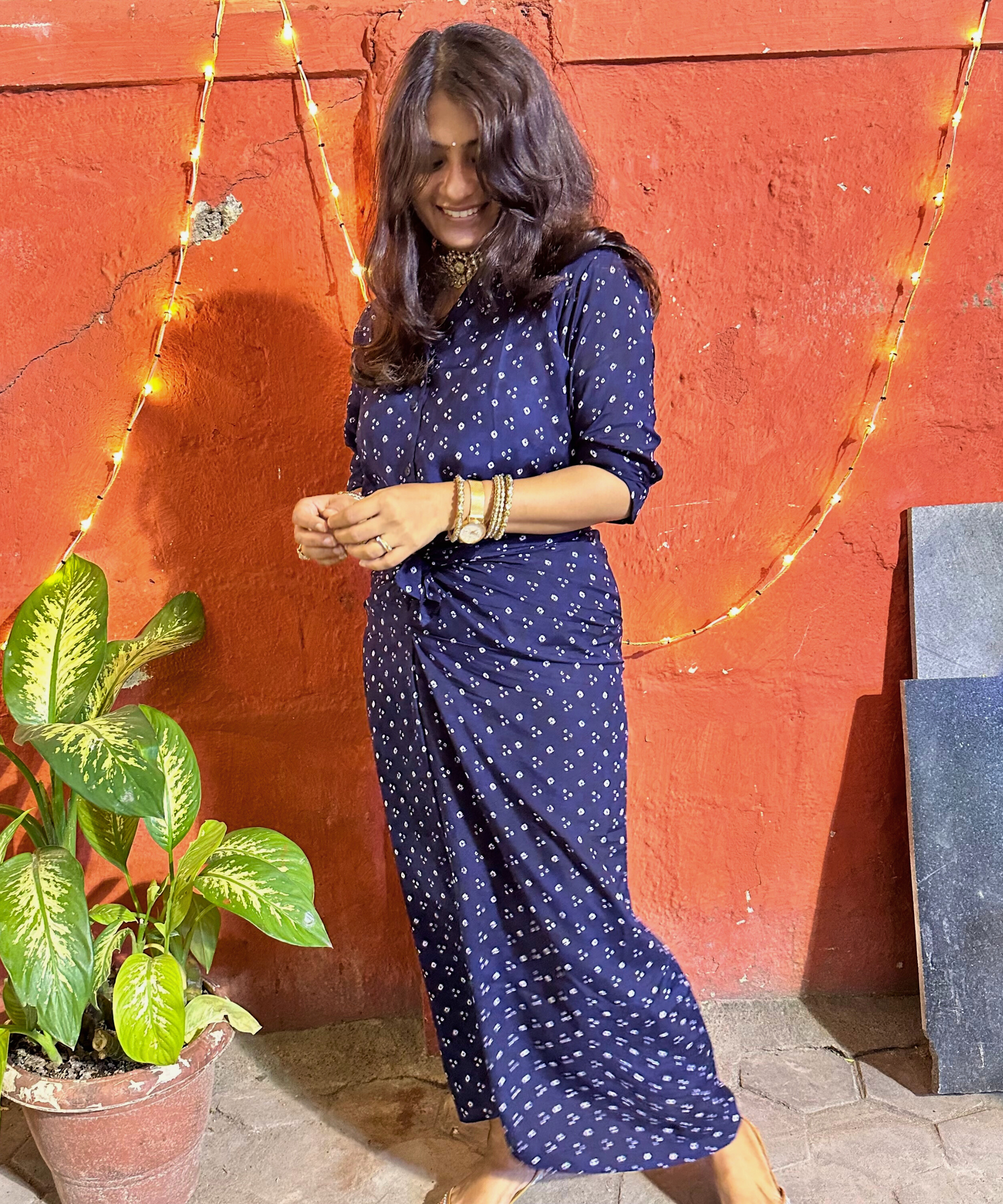 Sera Tie-Up Skirt with Shirt in Blue Bandhani