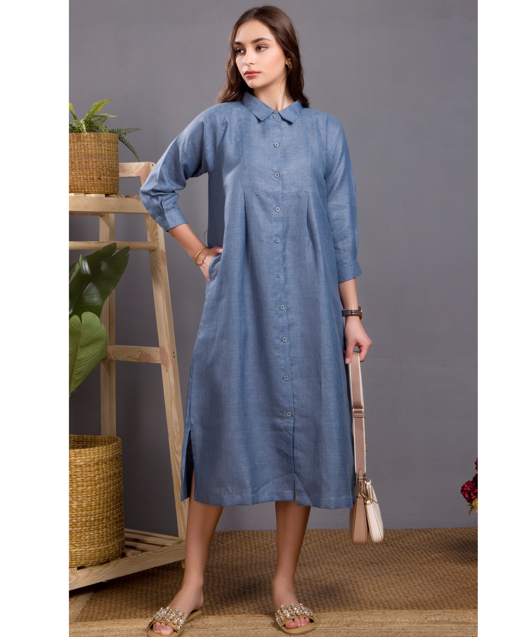 Blue Linen Shirt Dress