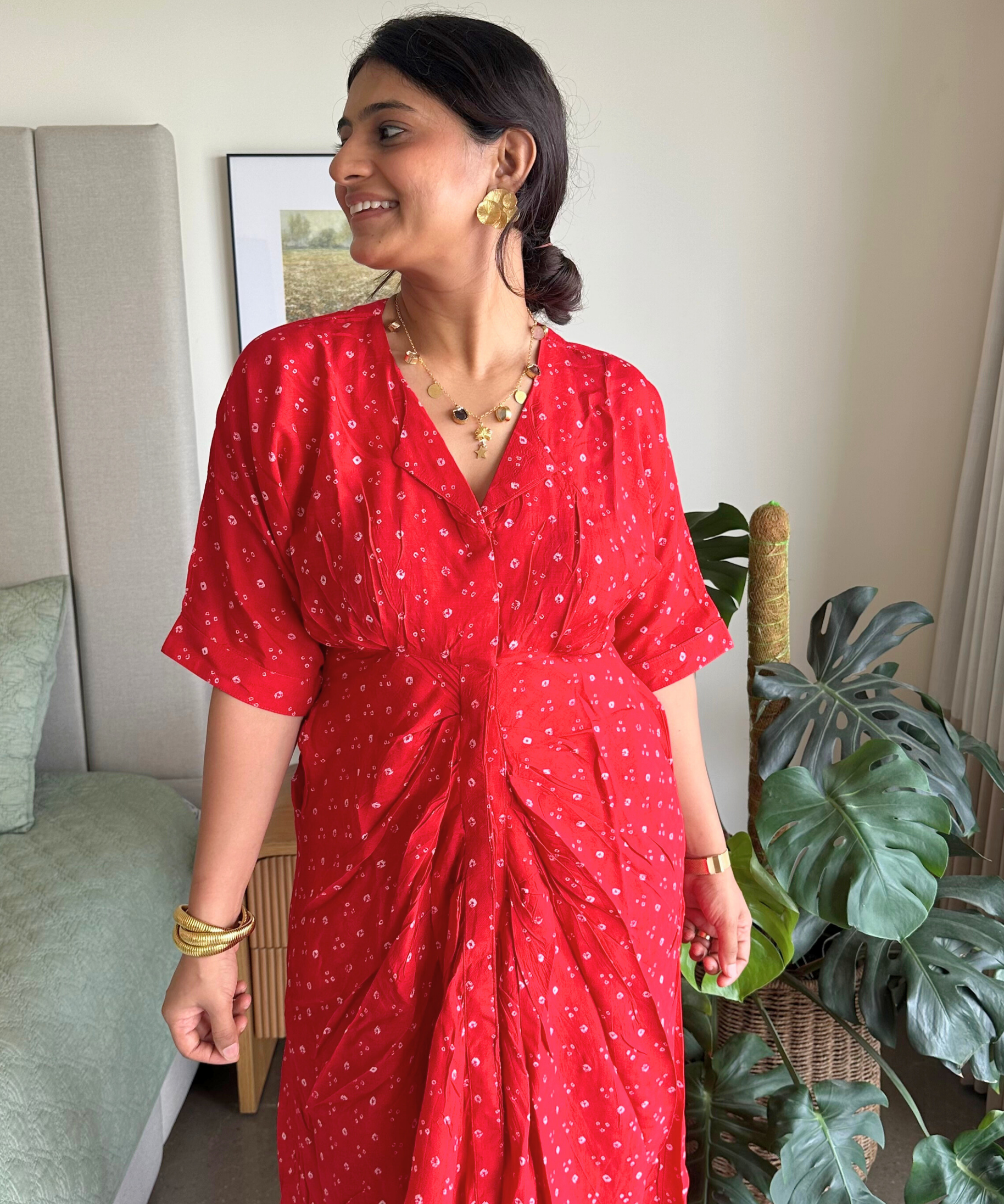 Red Bandhani Drapped Dress