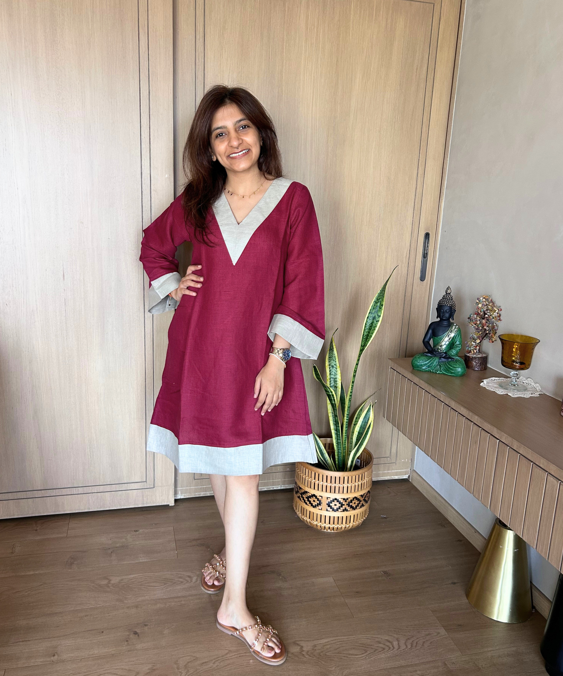 Maroon Linen Shift Dress