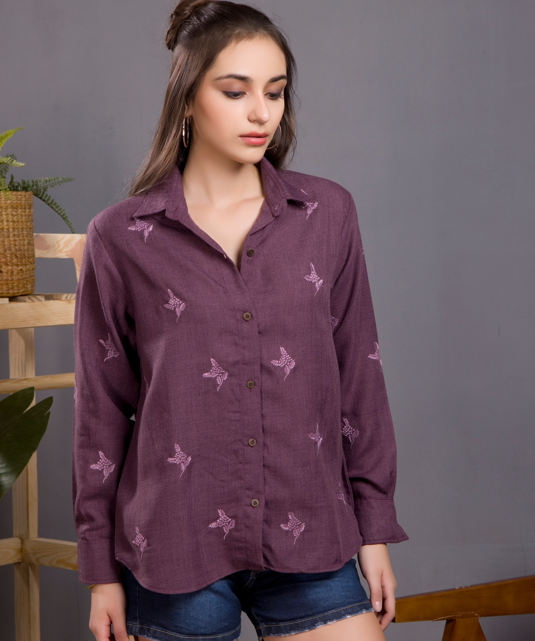 Berry Linen Embroidered Shirt