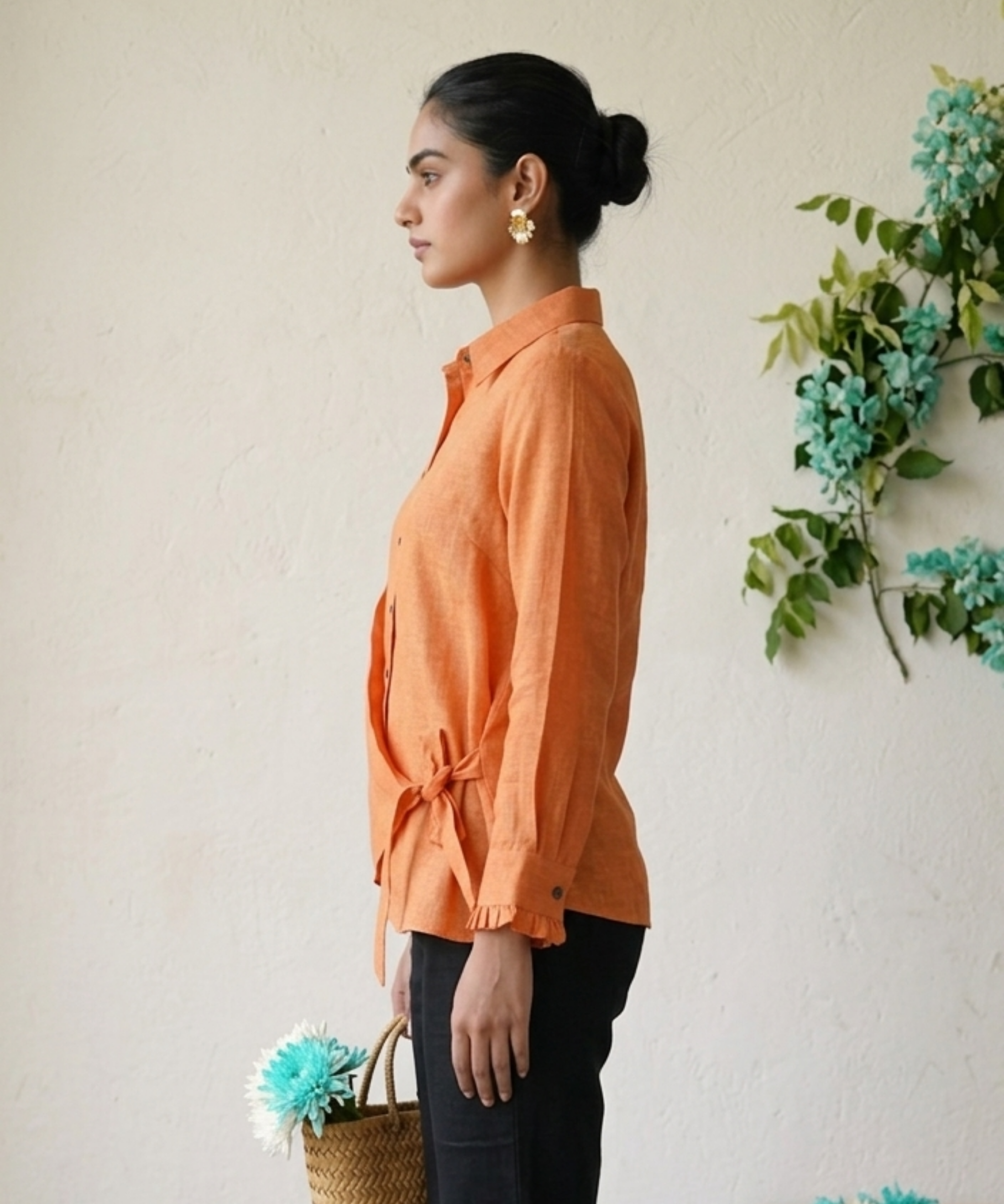 Orange Linen Tie Up Shirt