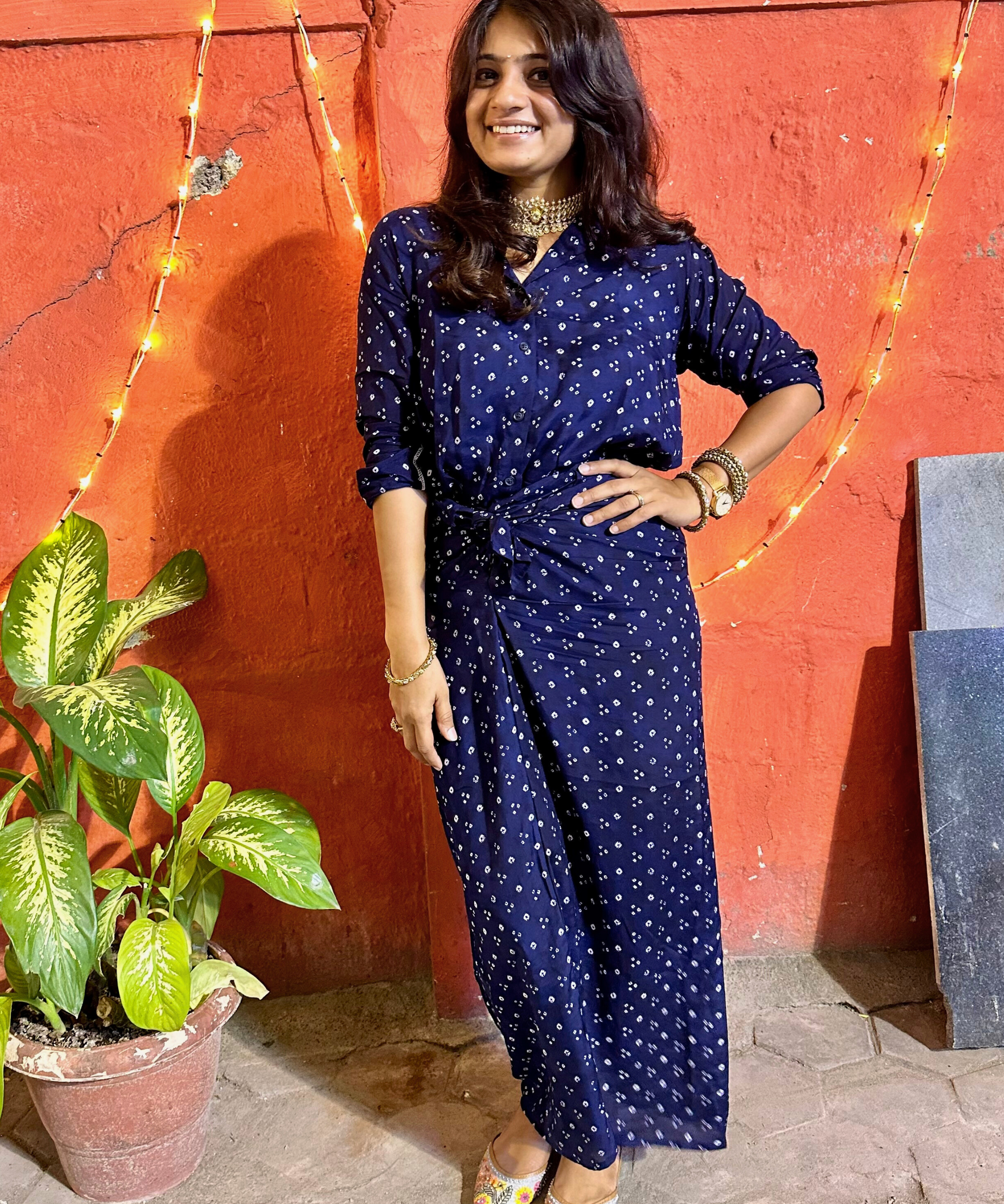 Sera Tie-Up Skirt with Shirt in Blue Bandhani