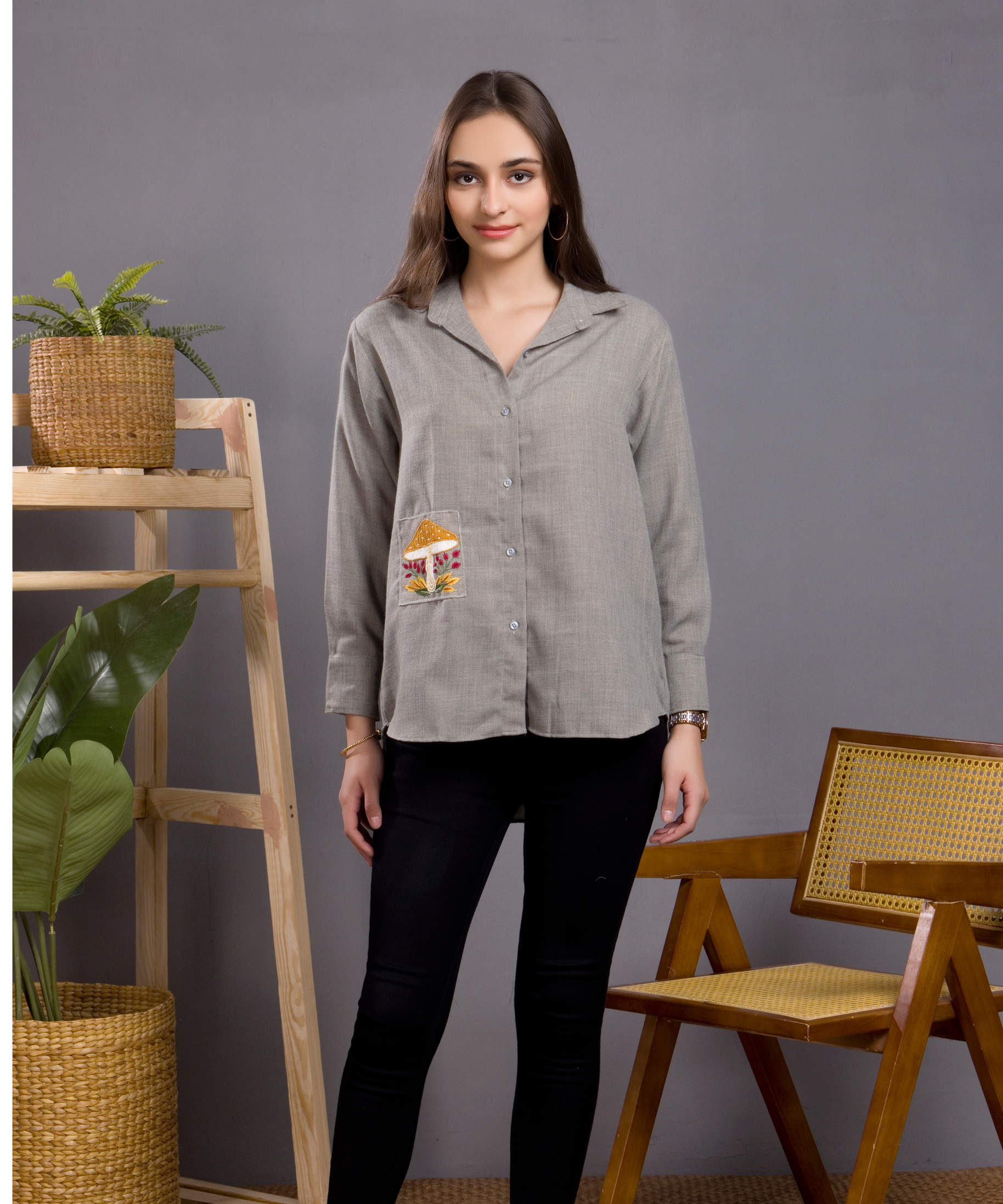 Grey Mushroom Embroidery Shirt