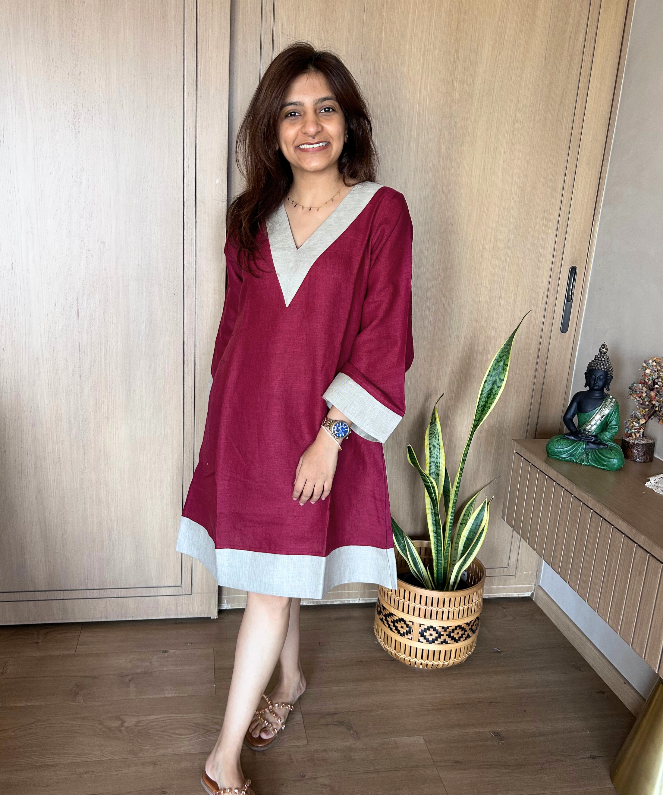 Maroon Linen Shift Dress