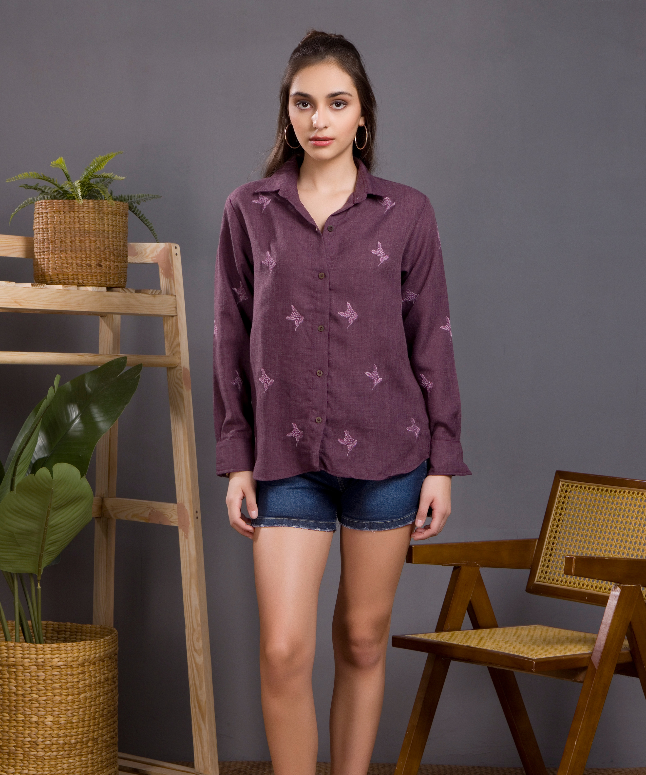 Berry Linen Embroidered Shirt