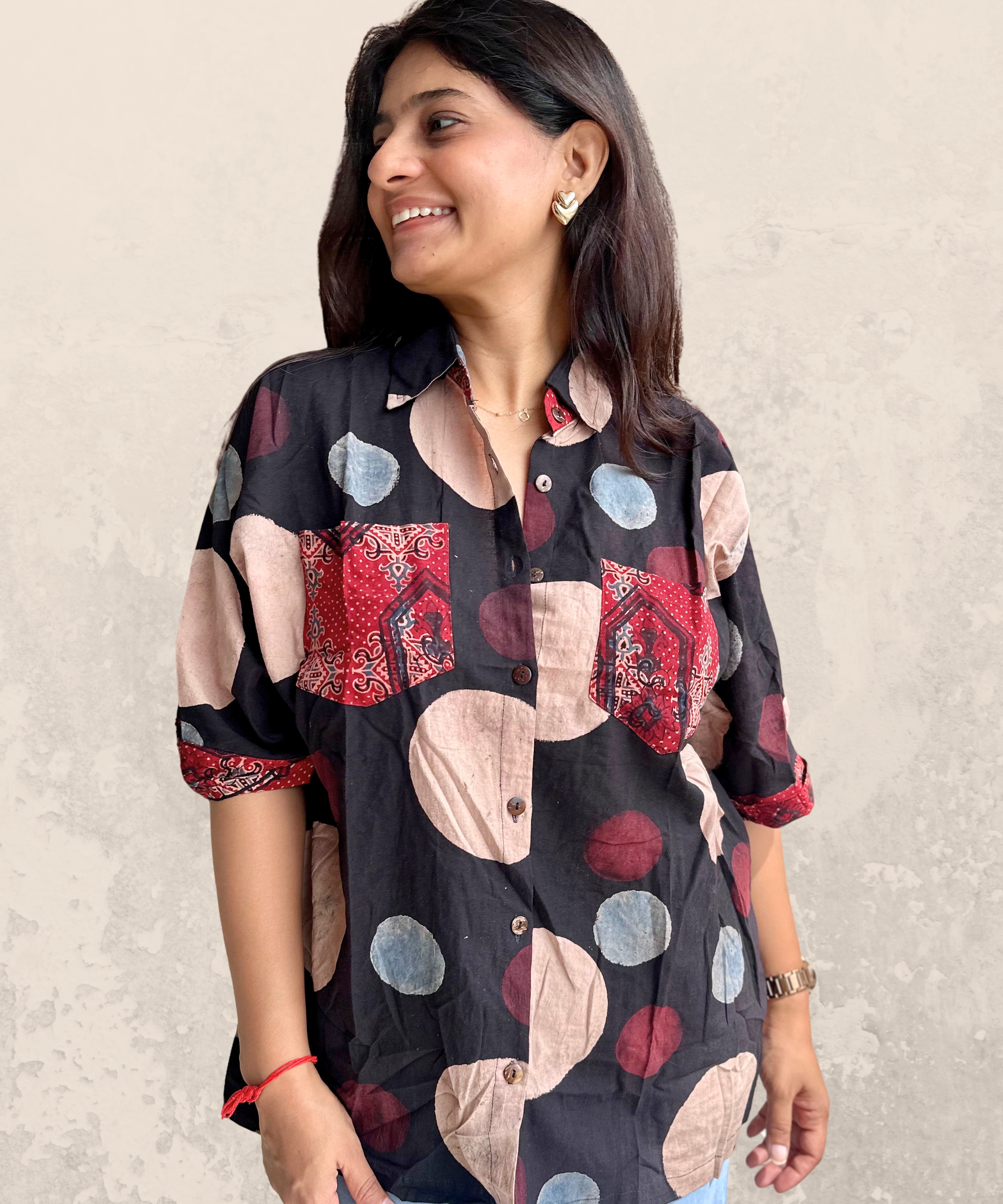 Ajrakh Polka oversized pocket shirt P