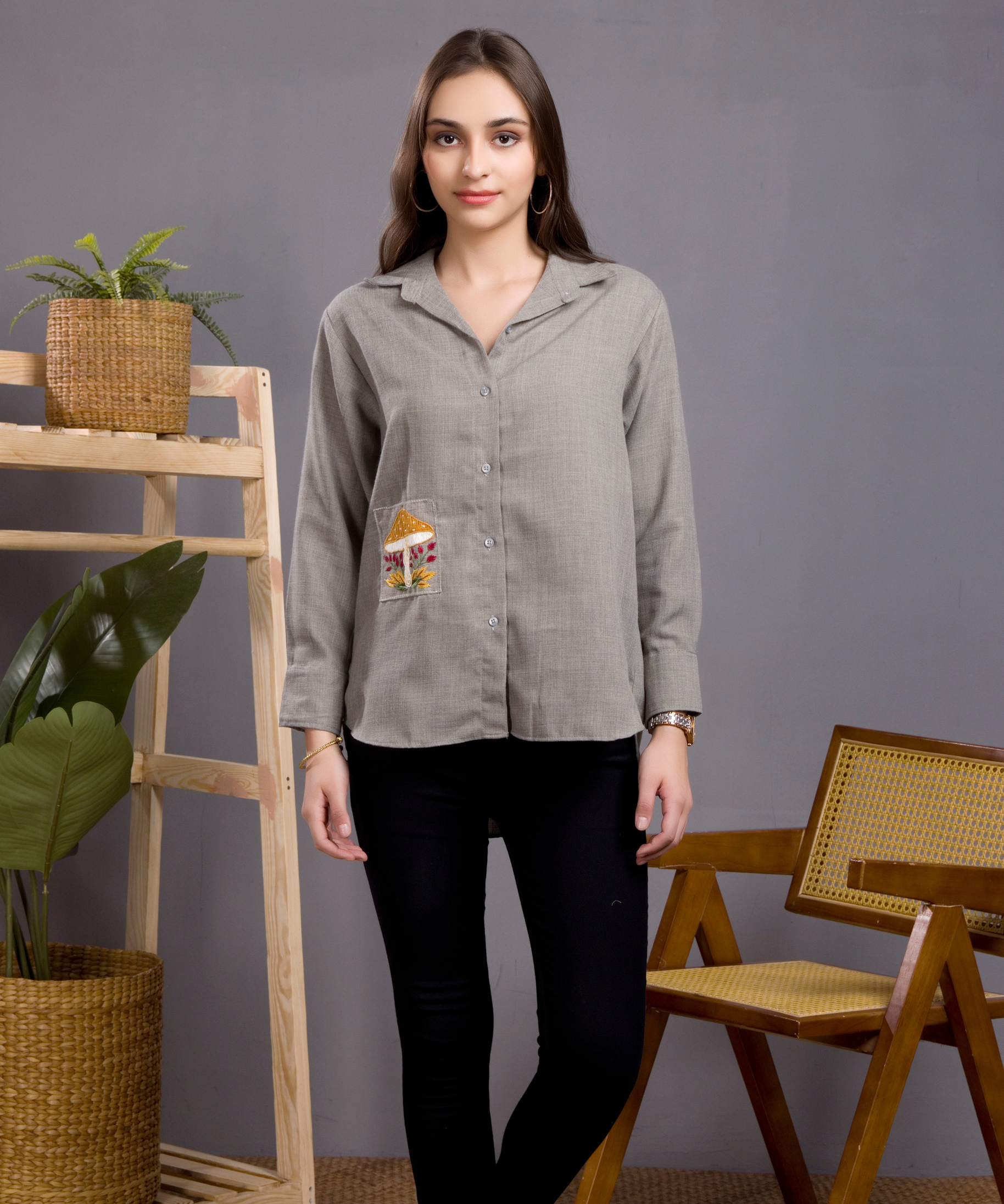 Grey Mushroom Embroidery Shirt