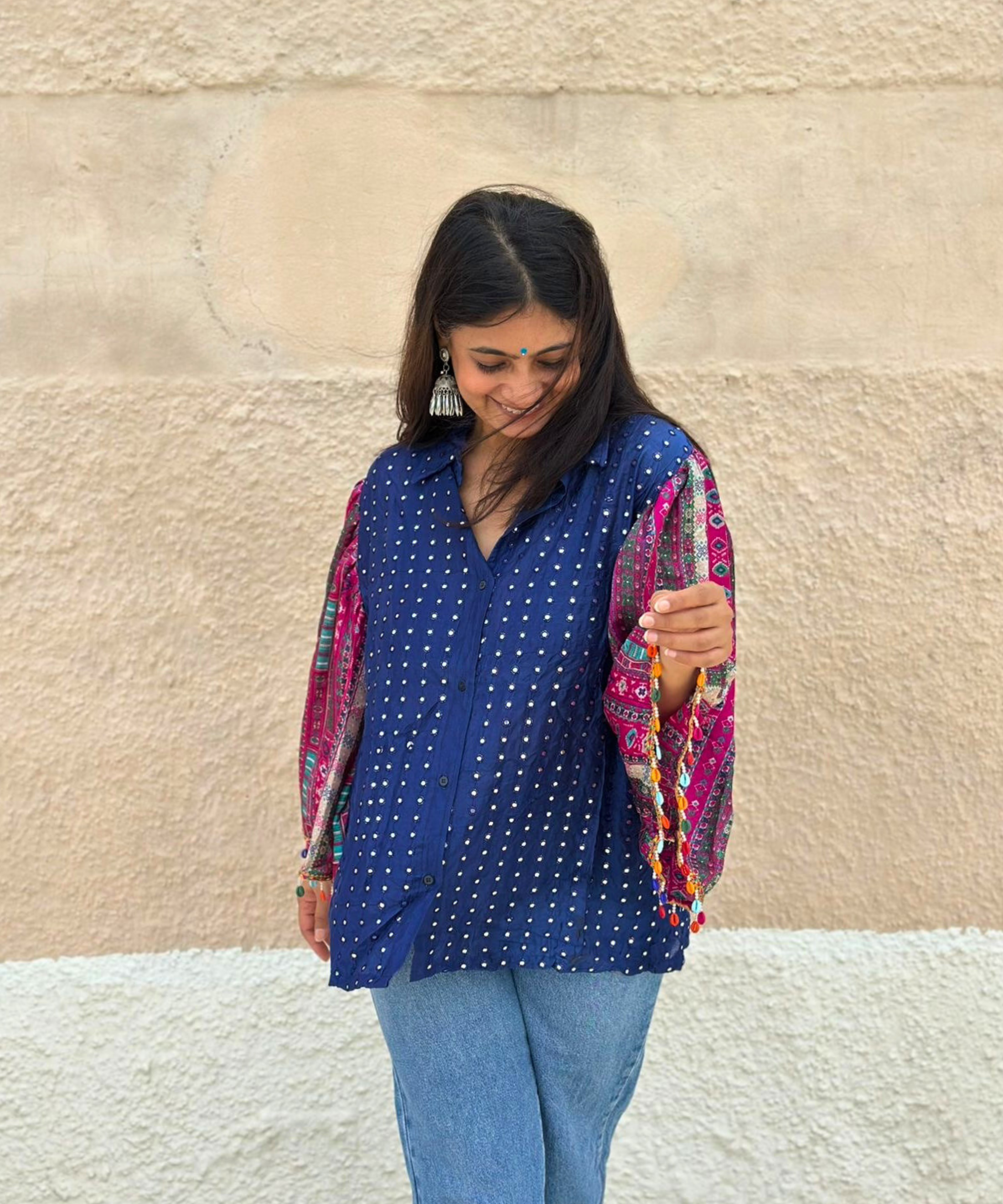 Blue Mirror Work Shirt with Flared Sleeves