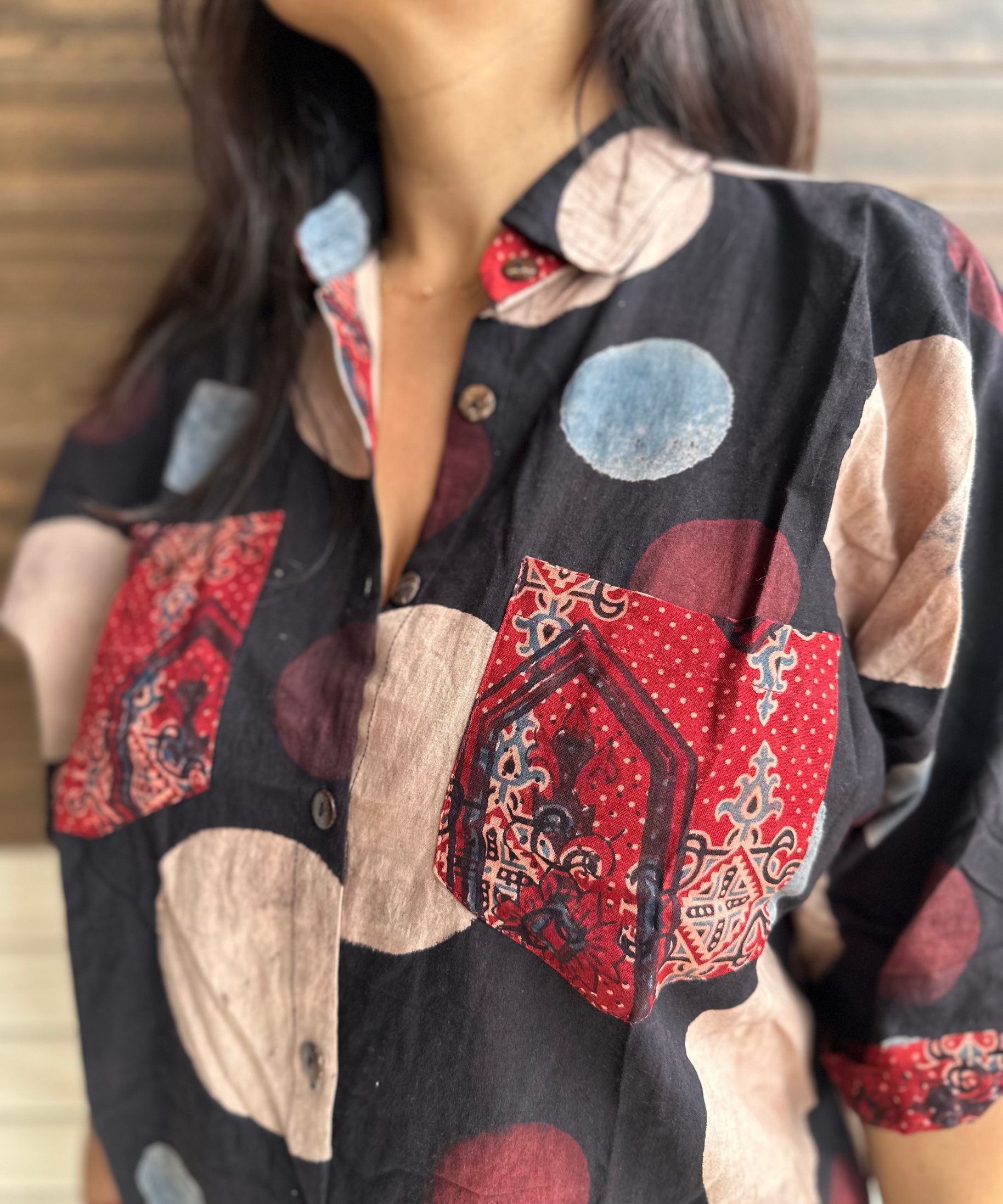 Ajrakh Polka oversized pocket shirt P