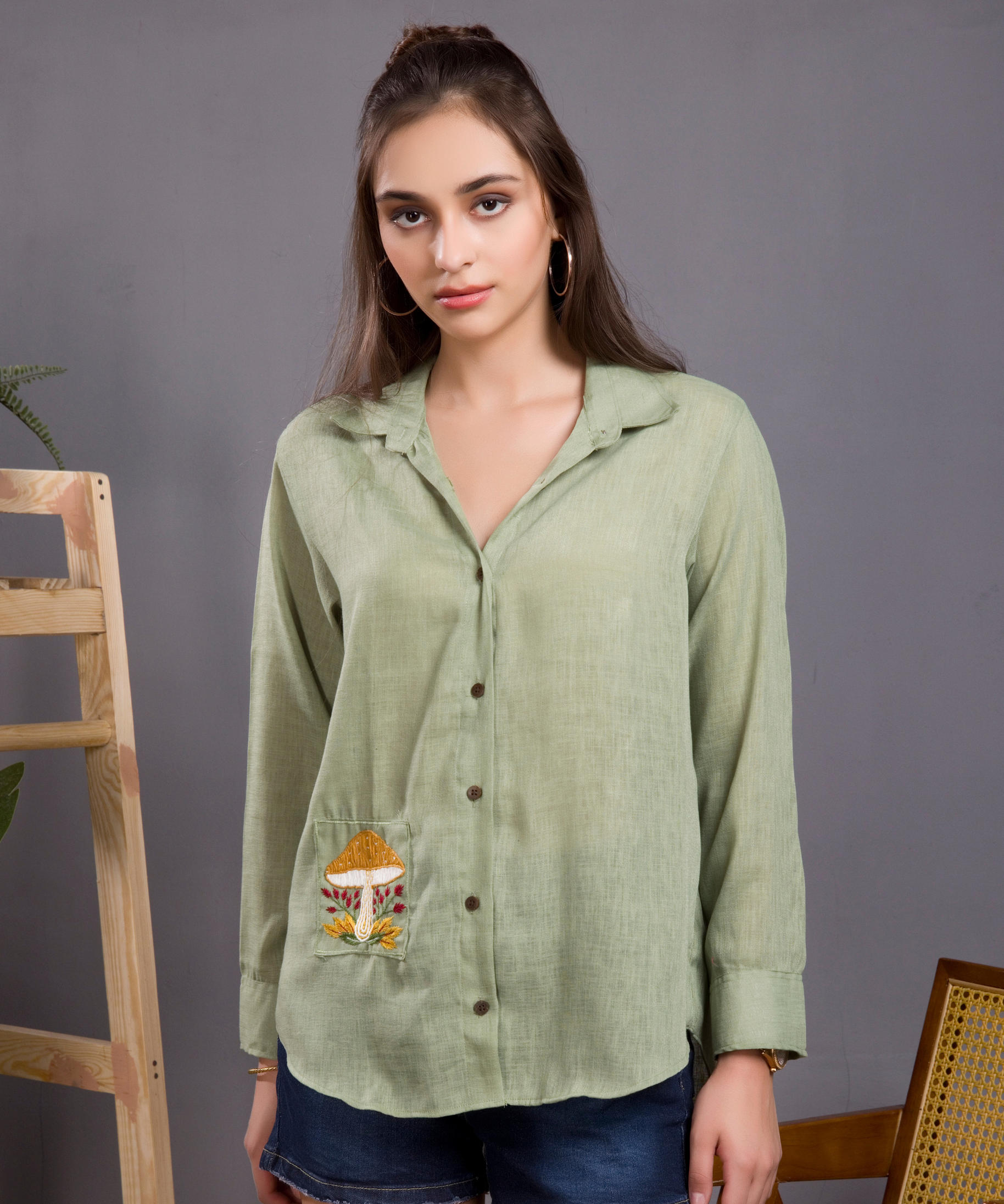 Sage Green Mushroom Linen Shirt