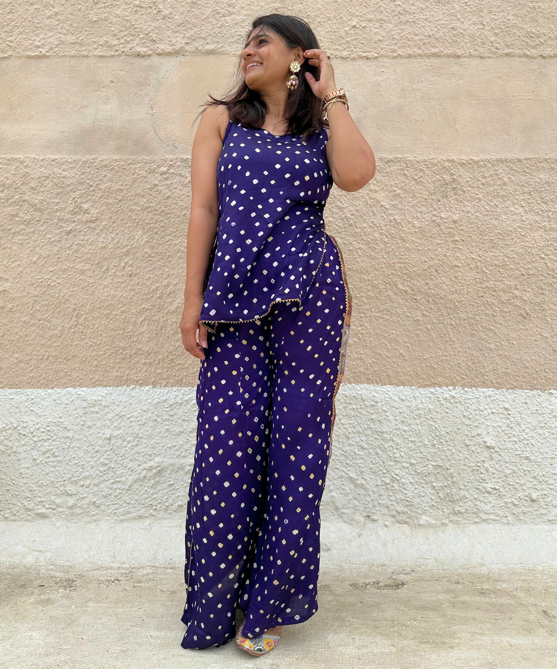 Purple Bandhani Silk Pallazo Set
