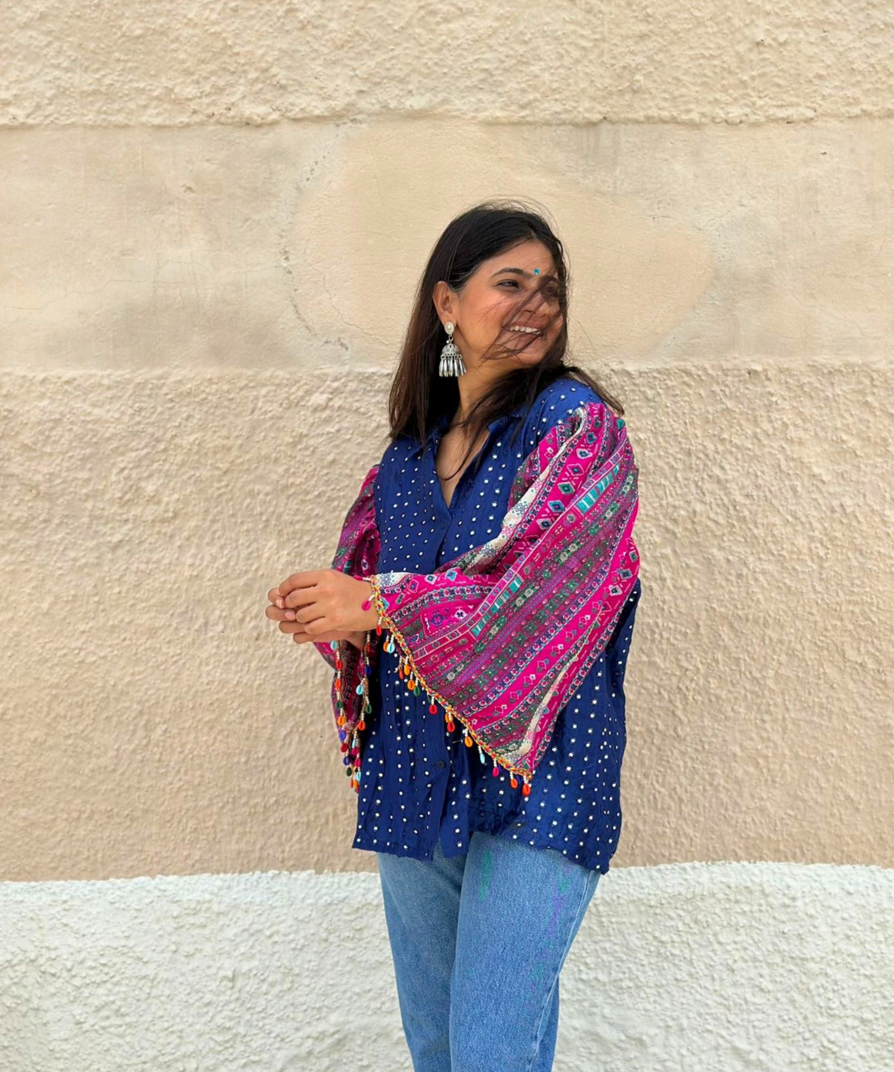 Blue Mirror Work Shirt with Flared Sleeves