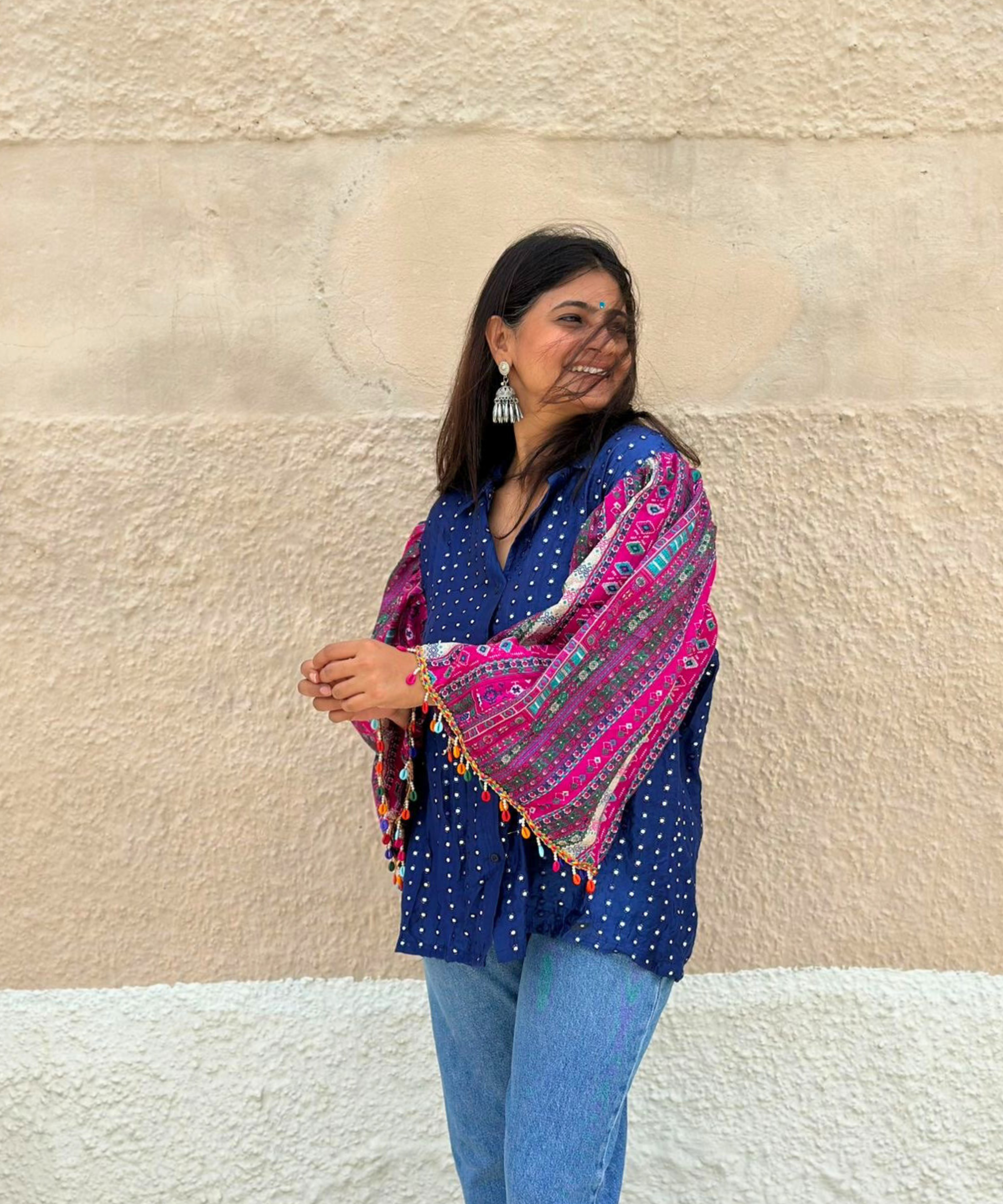 Blue Mirror Work Shirt with Flared Sleeves