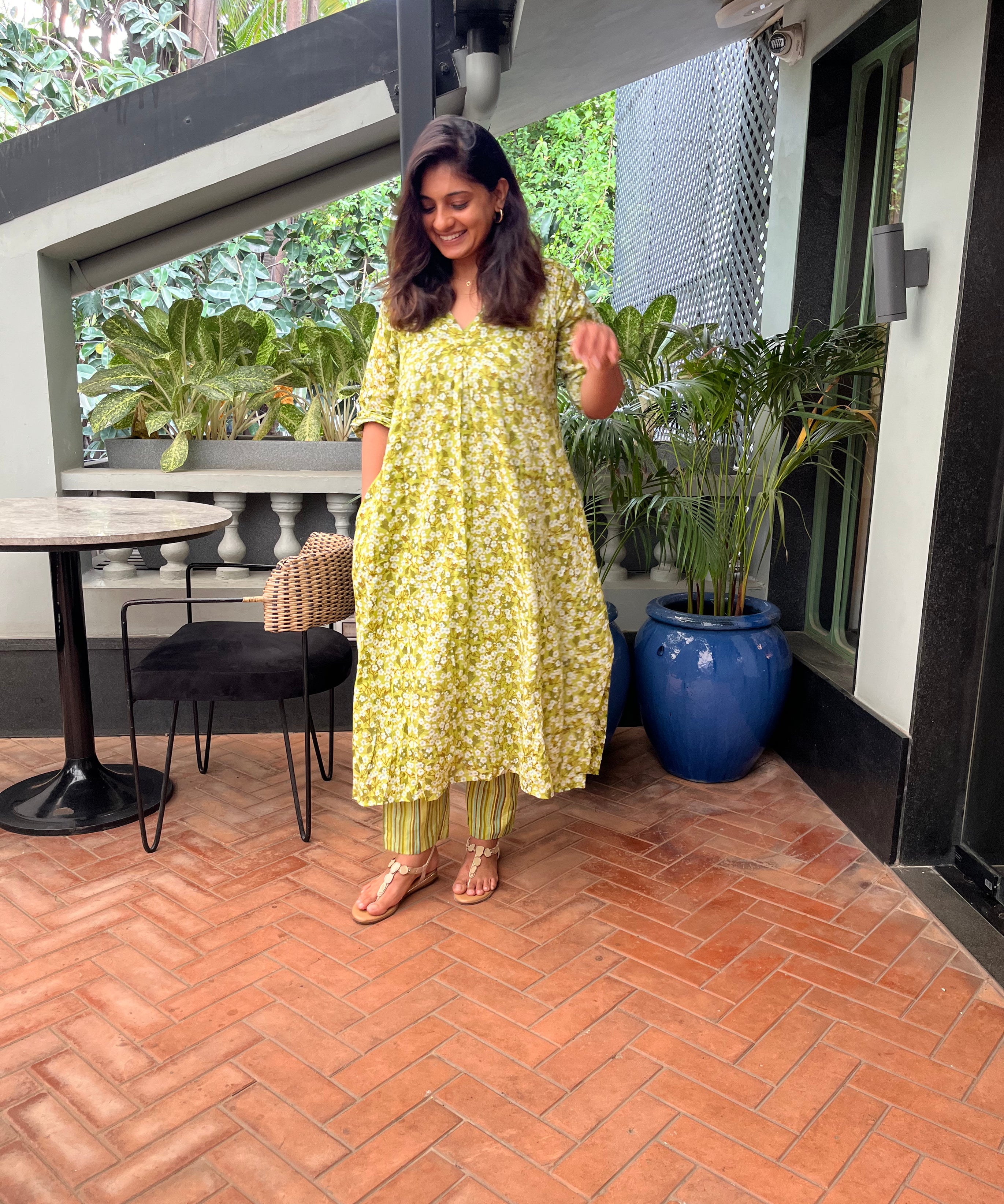 Green Cherry Blossom Kurta and Pants