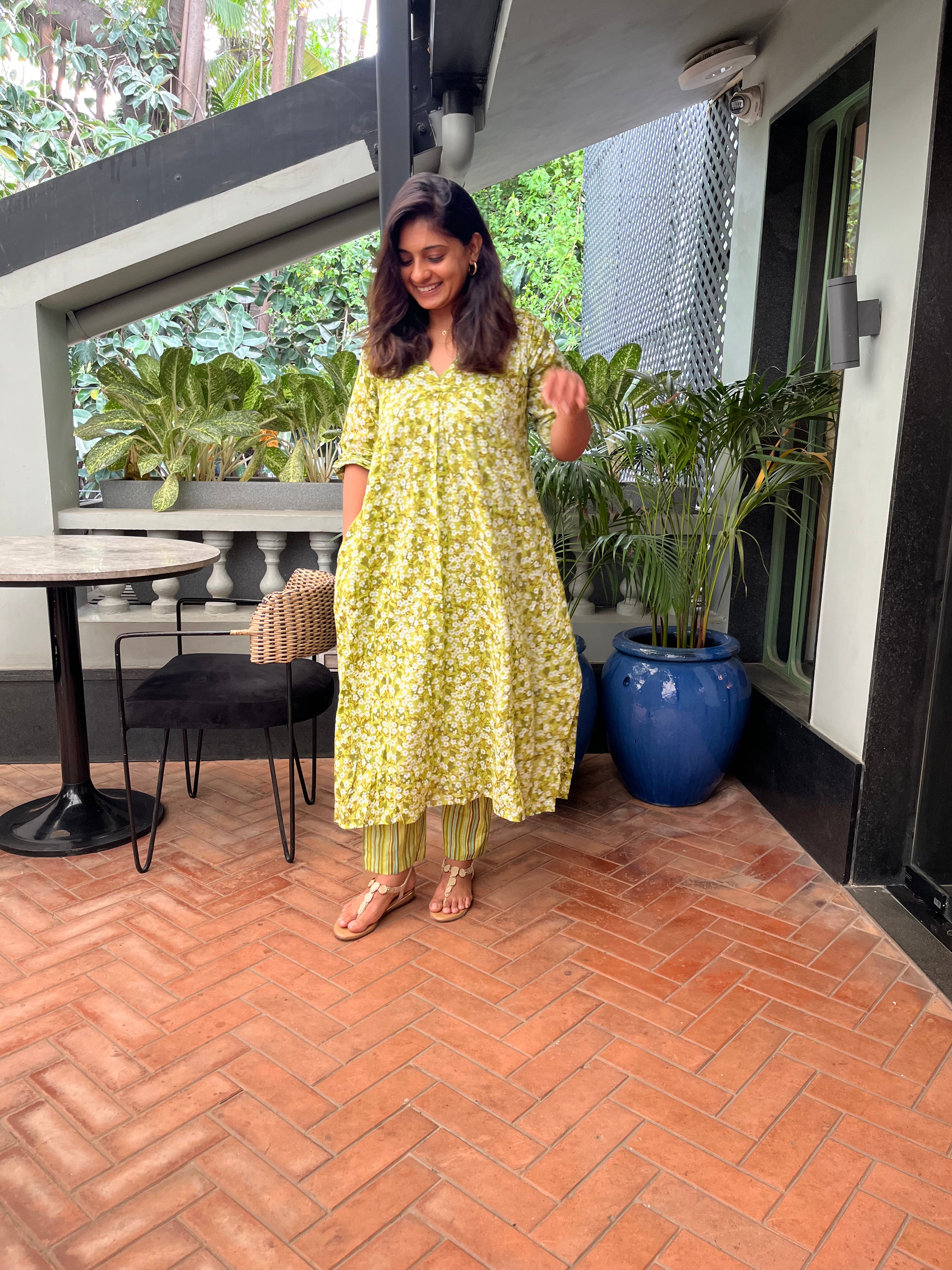 Green Cherry Blossom Kurta and Pants