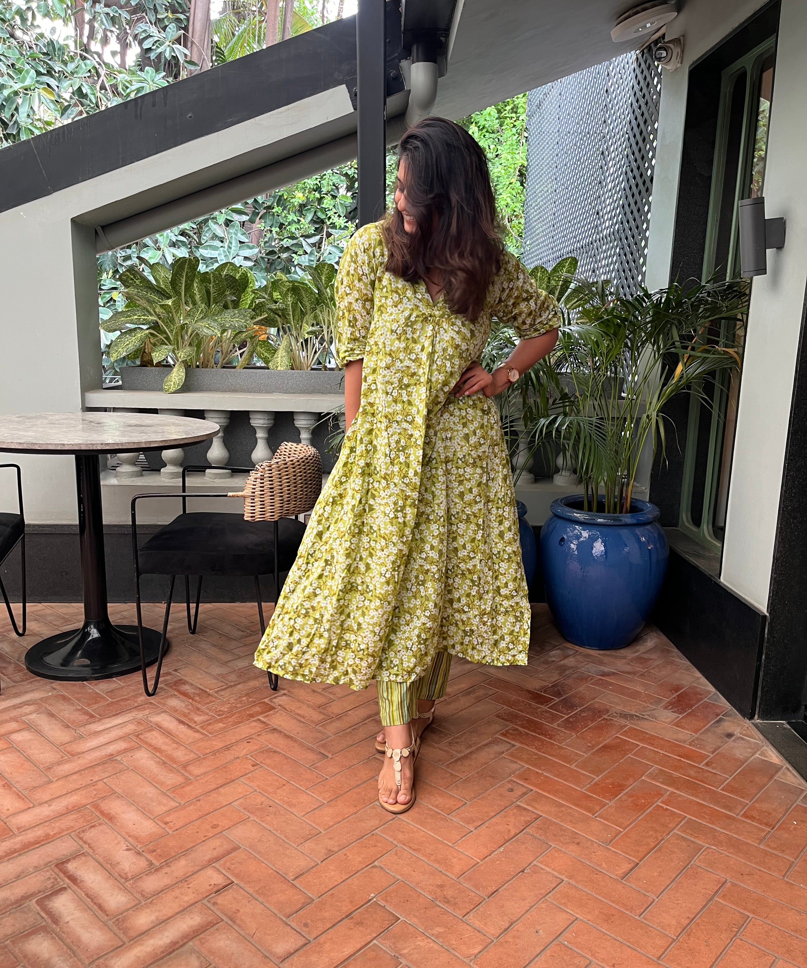 Green Cherry Blossom Kurta and Pants