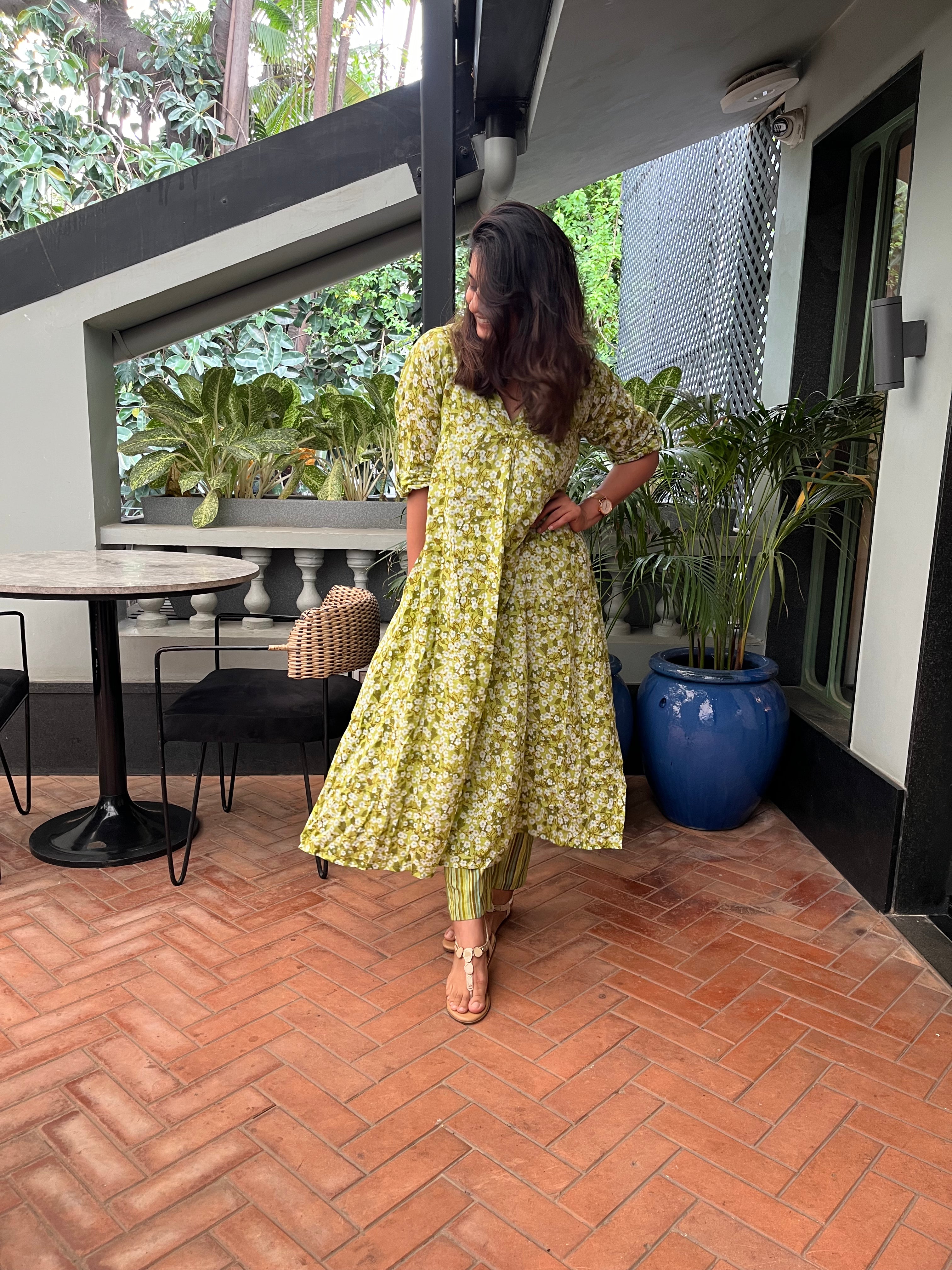 Green Cherry Blossom Kurta and Pants