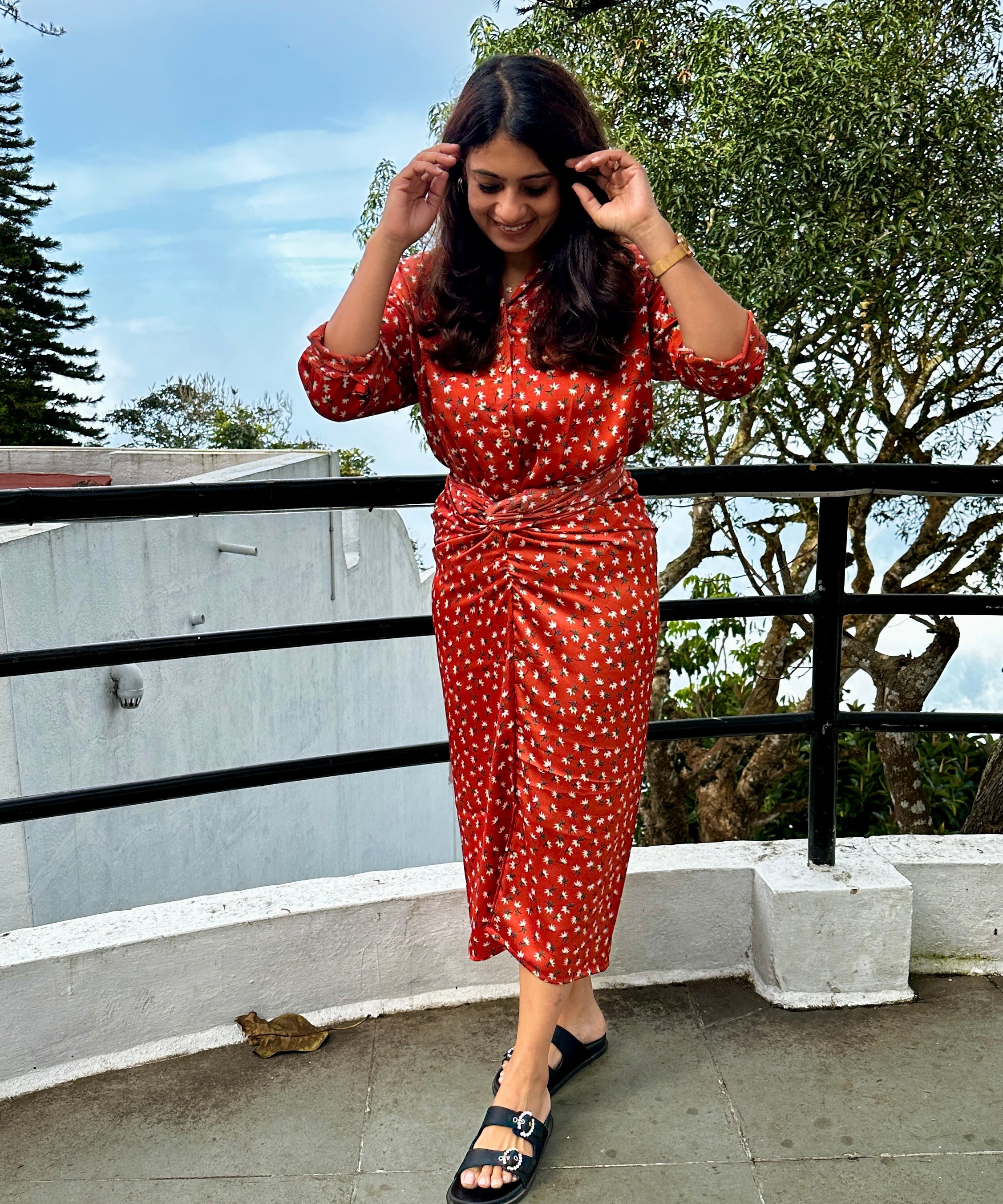 Rust Flora Tie-Up Skirt with Shirt