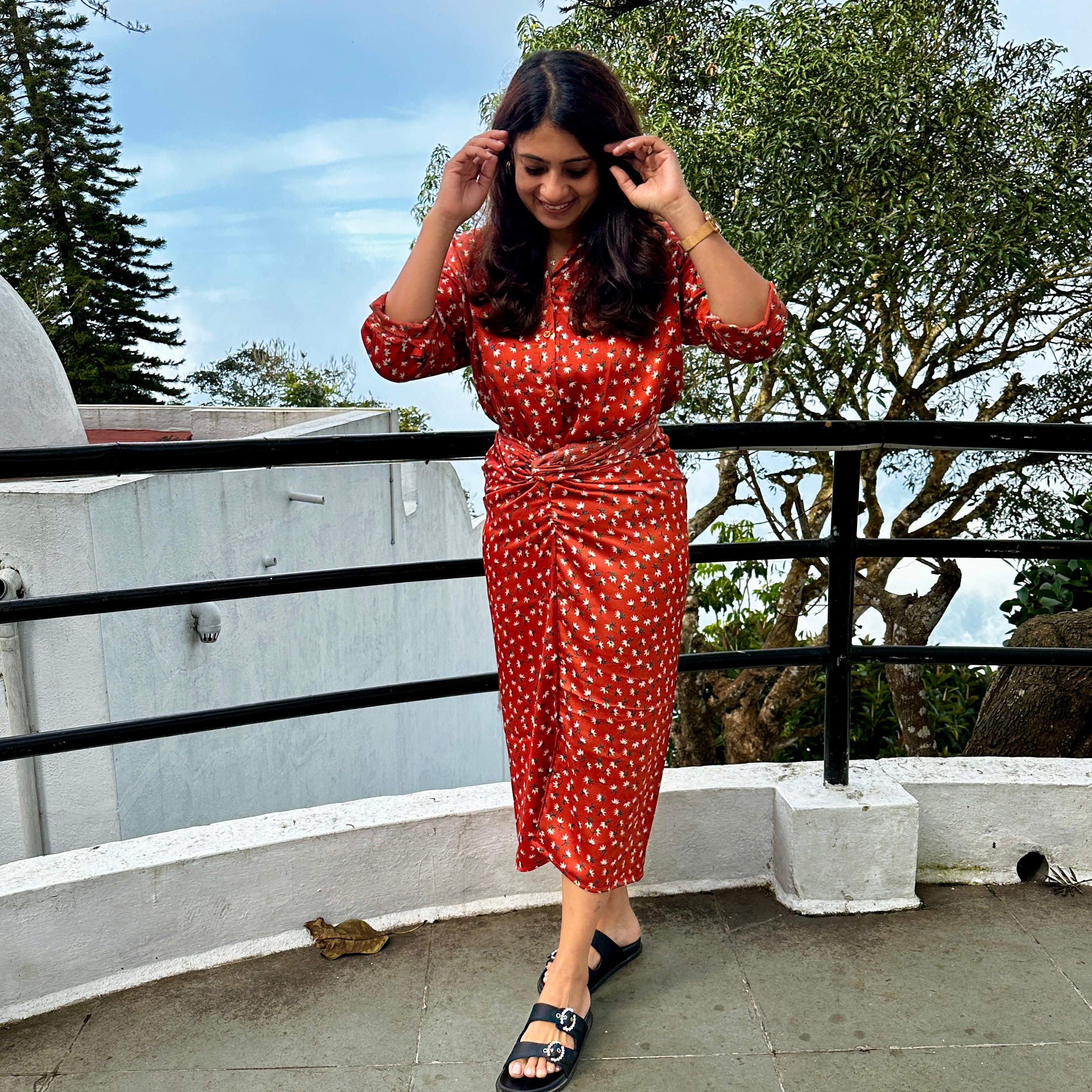 Rust Flora Tie-Up Skirt with Shirt