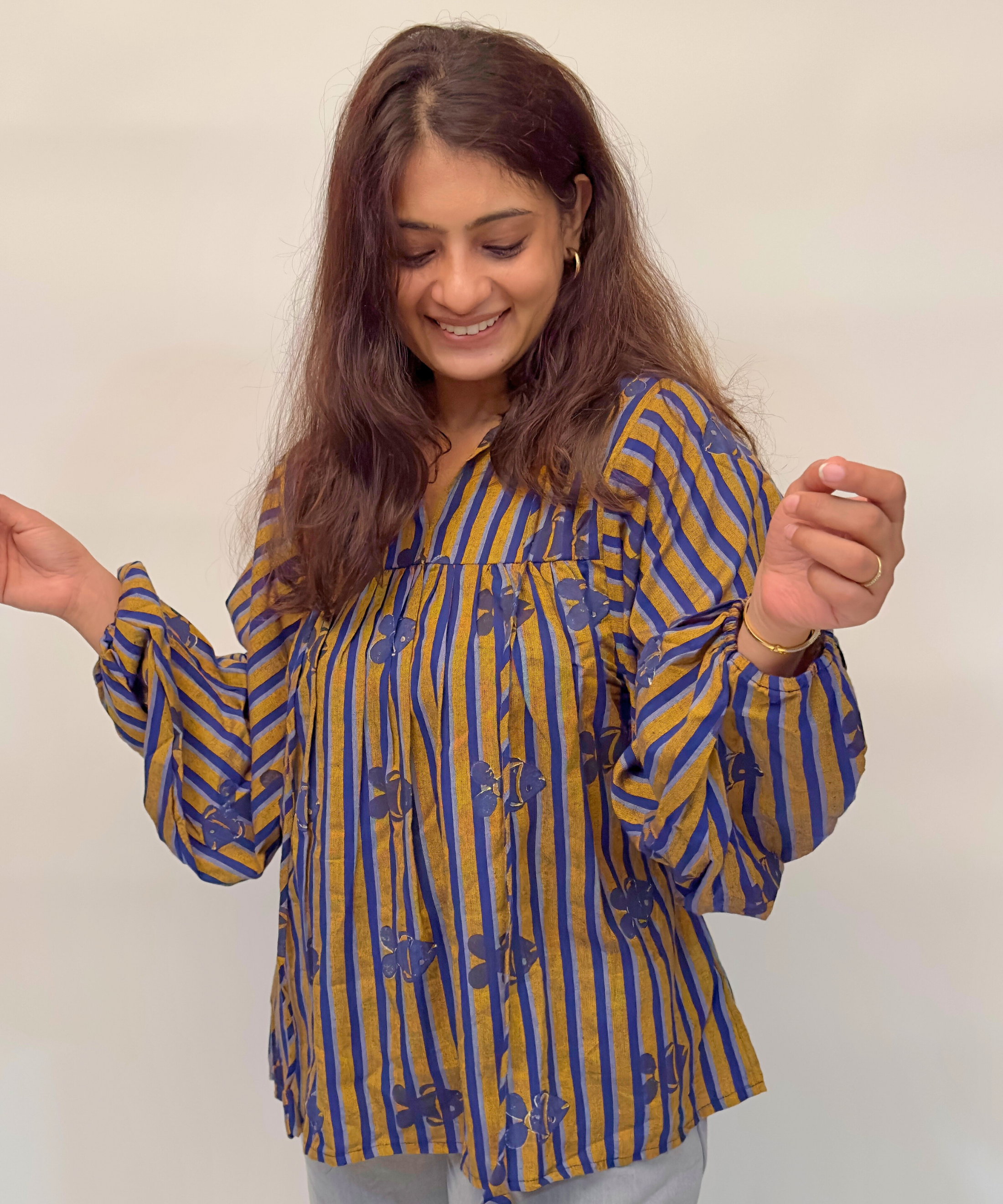 Blue Marina Balloon Sleeve Top