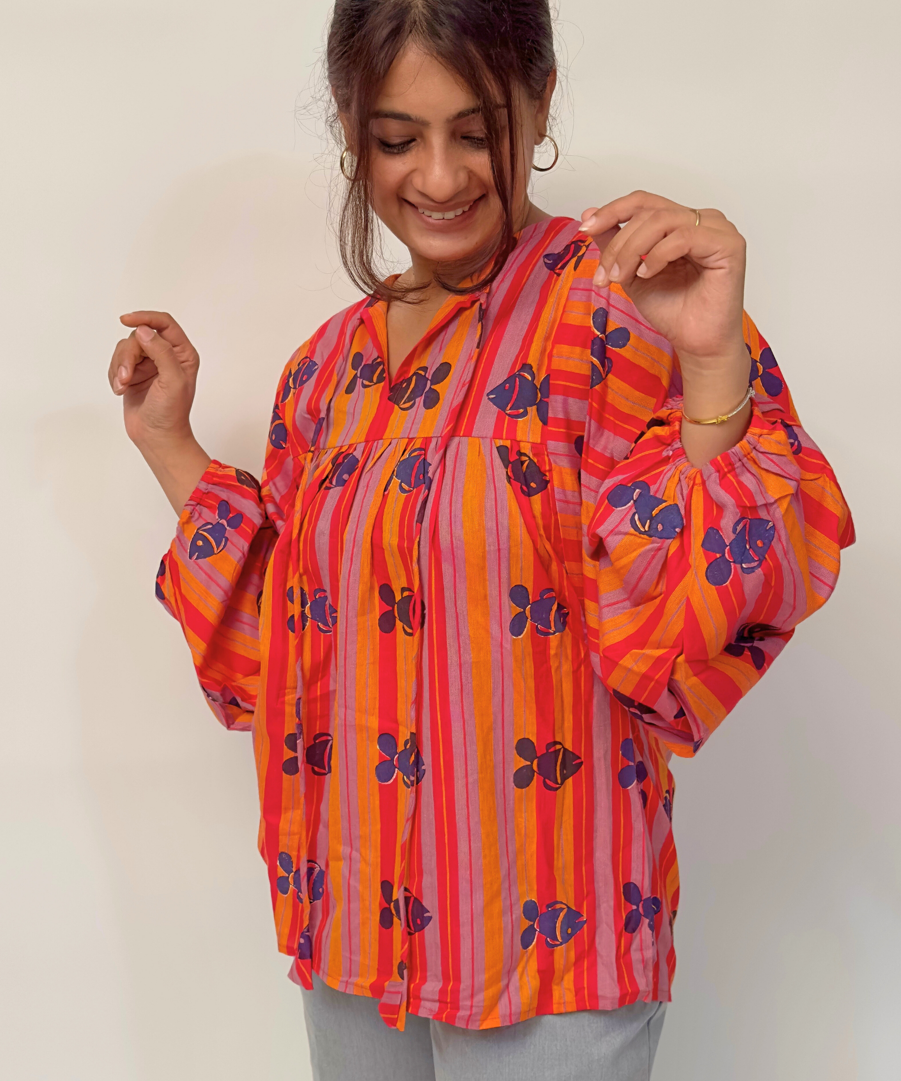 Red Marina Balloon Sleeve Top