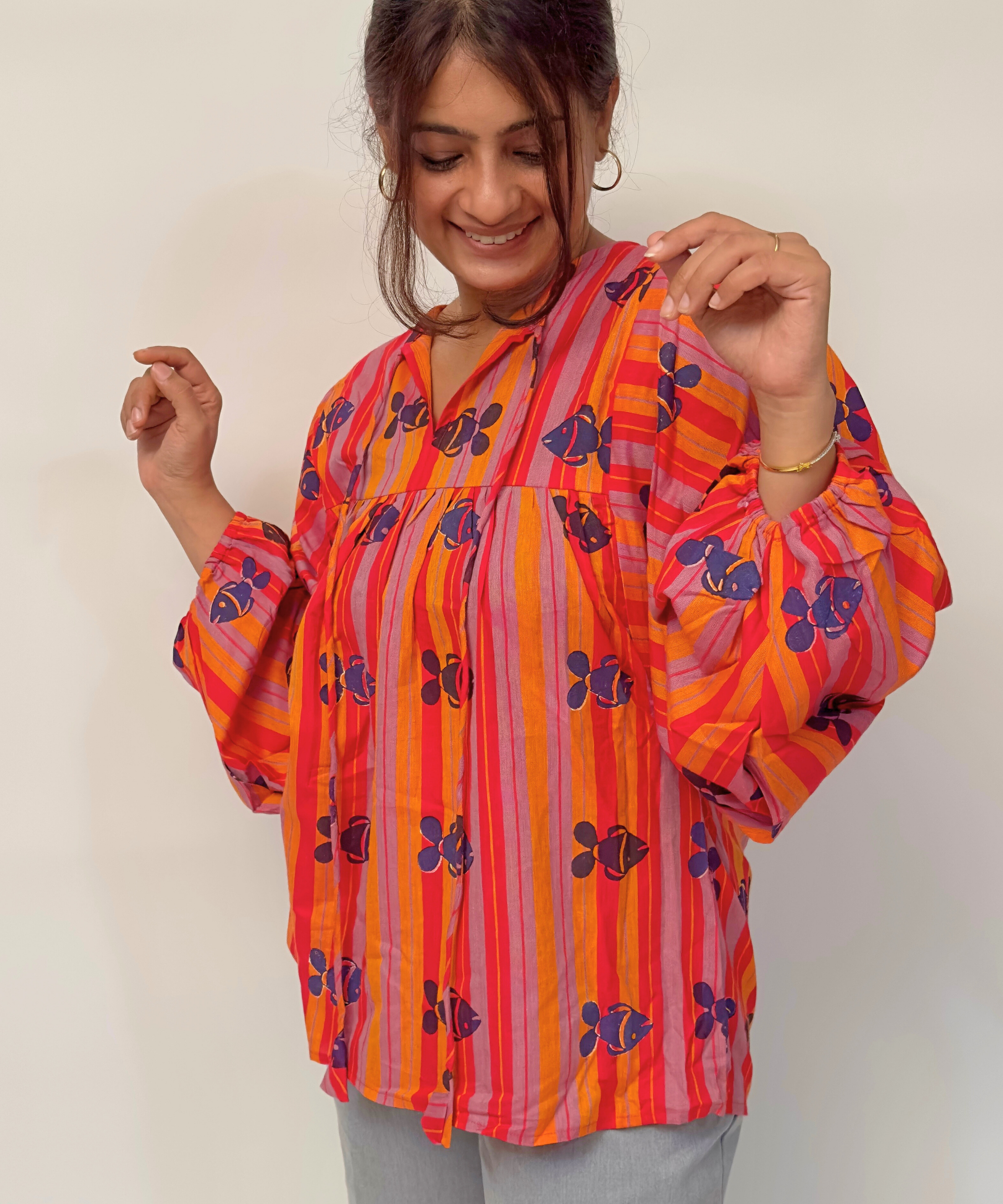 Red Marina Balloon Sleeve Top