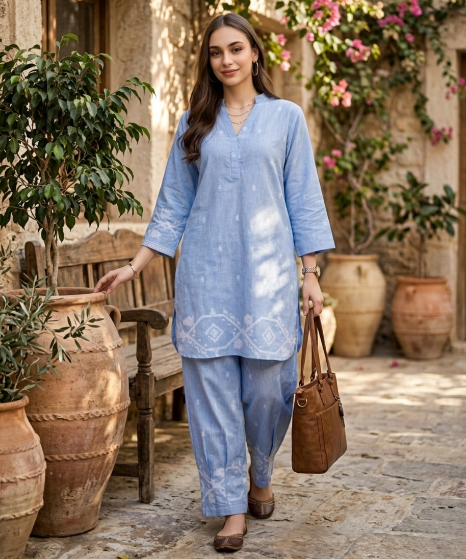 Powder Blue Jamdani Kurta Co-ord Set