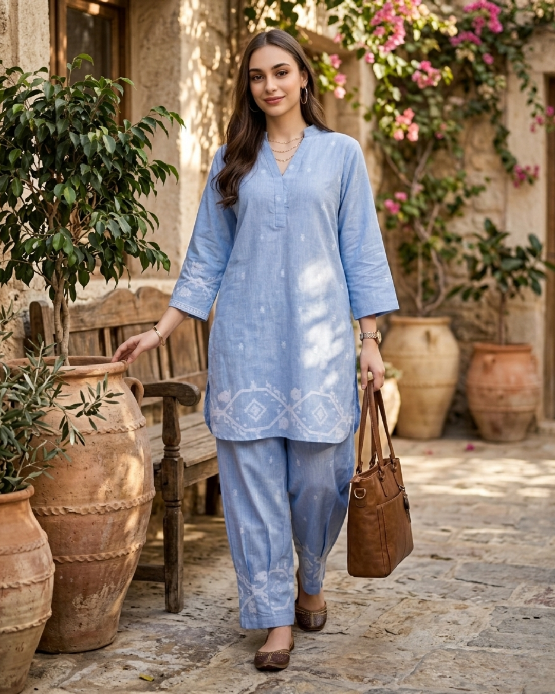 Powder Blue Jamdani Kurta Co-ord Set