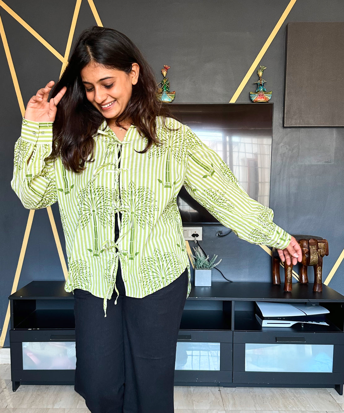 Tie Up Block Printed Palm Tree Shirt