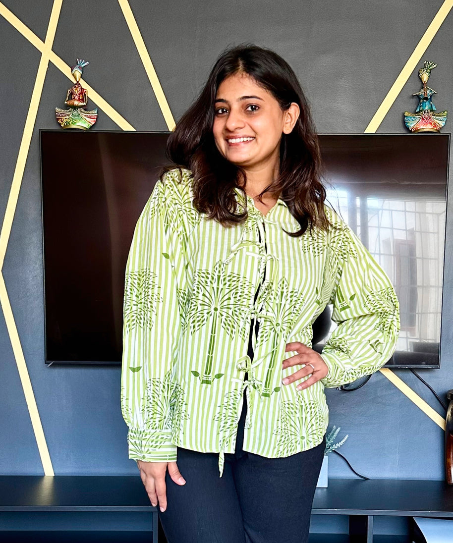 Tie Up Block Printed Palm Tree Shirt