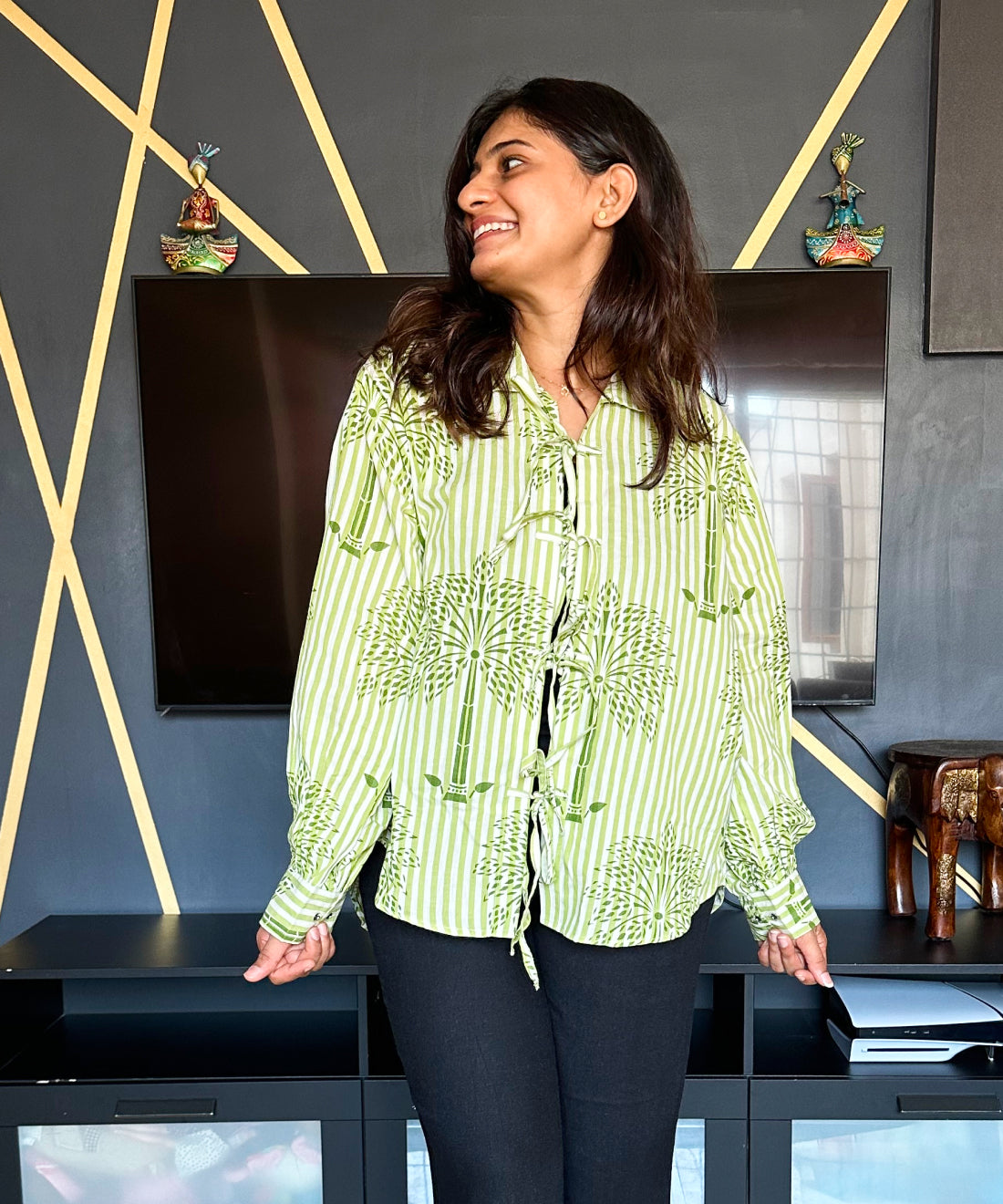 Tie Up Block Printed Palm Tree Shirt